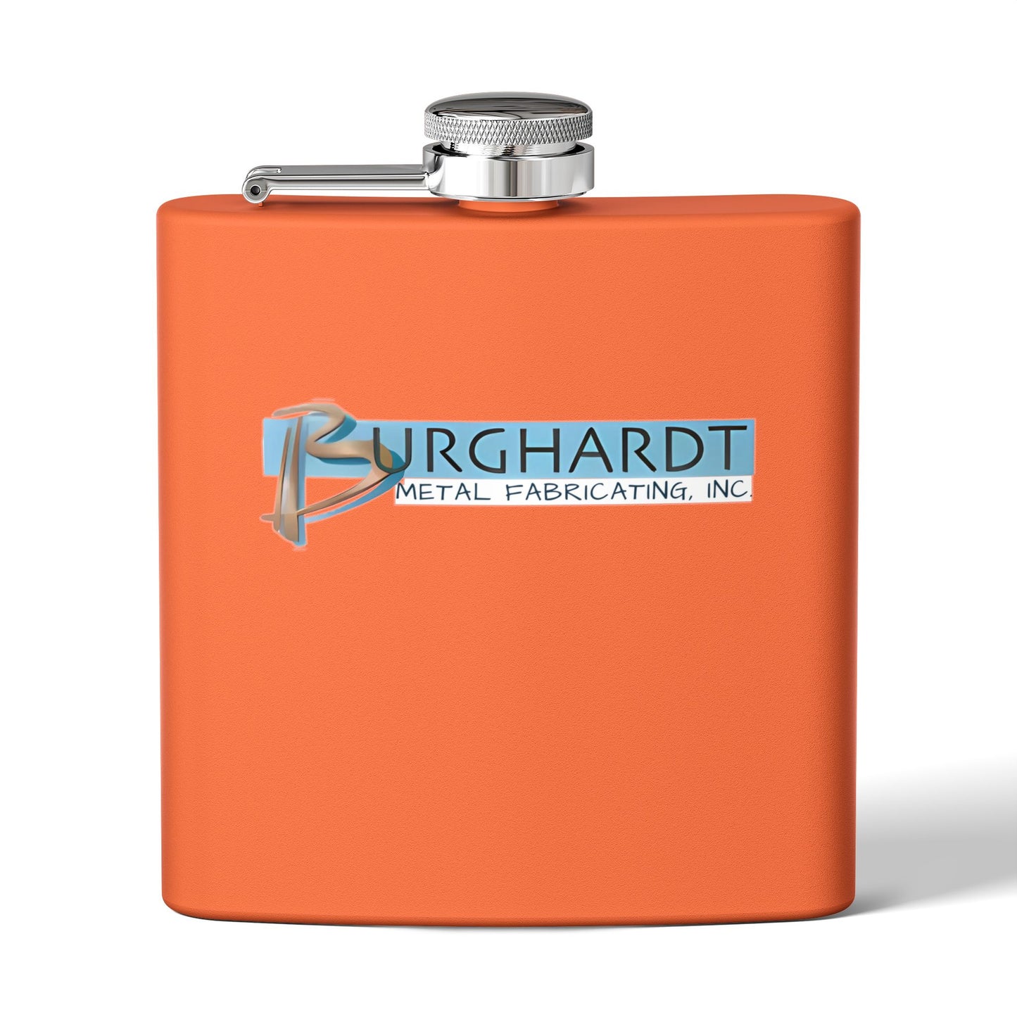 Burghardt Metal Fabricating, Inc., logo on a 6oz Stainless Steel Flask