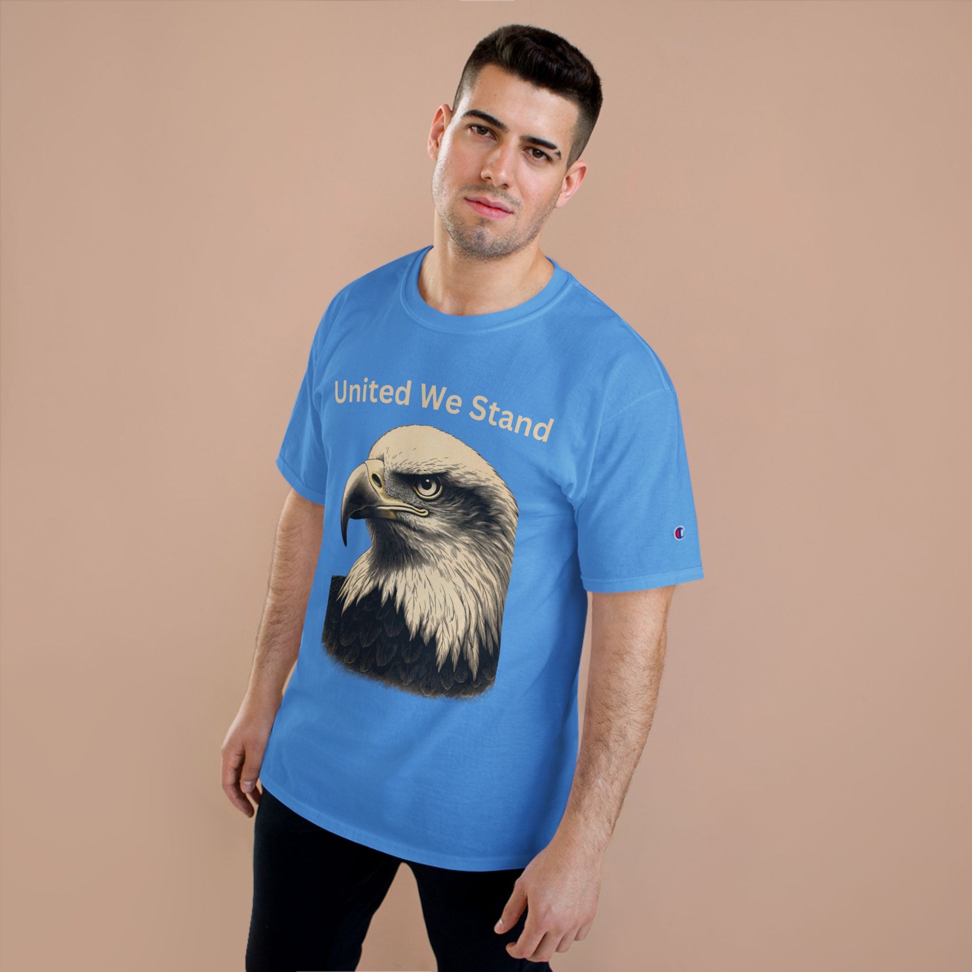 Engraved Eagle - United We Stand - text on the top of a Champion Tee