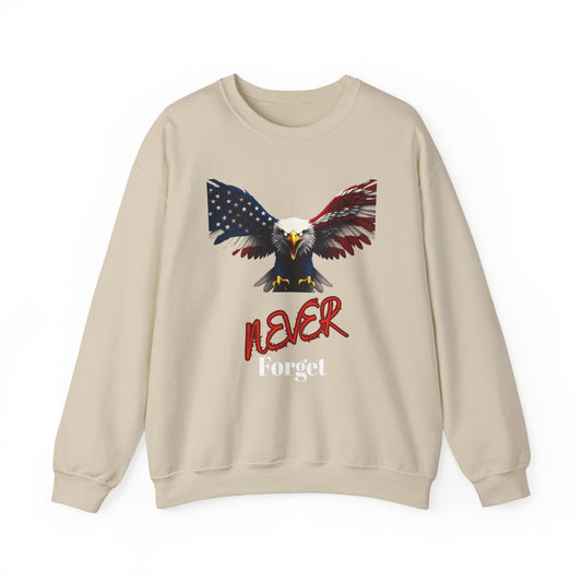 Never Forget Patriotic Eagle text on a Crewneck Sweatshirt