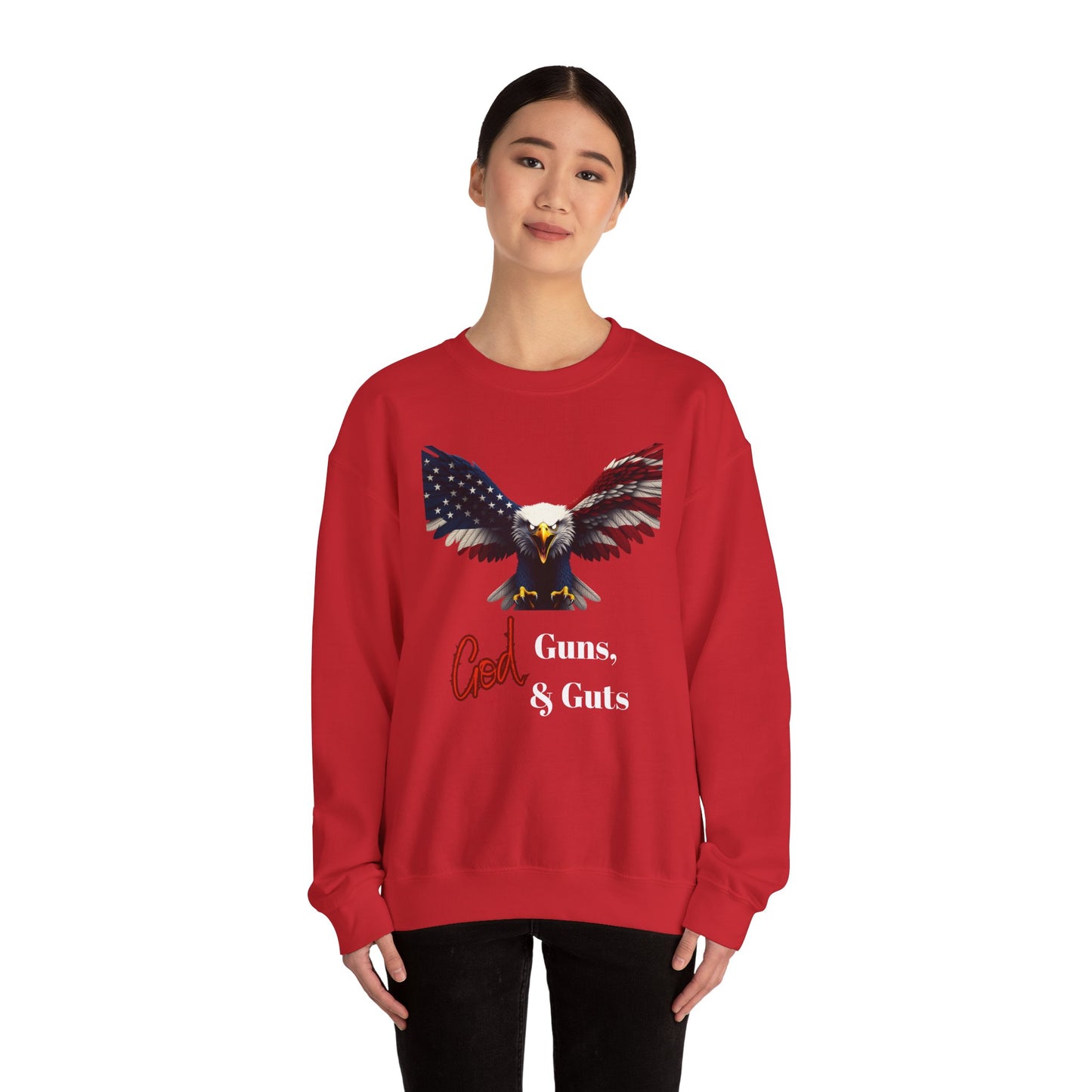 God Guns & Guts Patriotic Eagle text on a Crewneck Sweatshirt