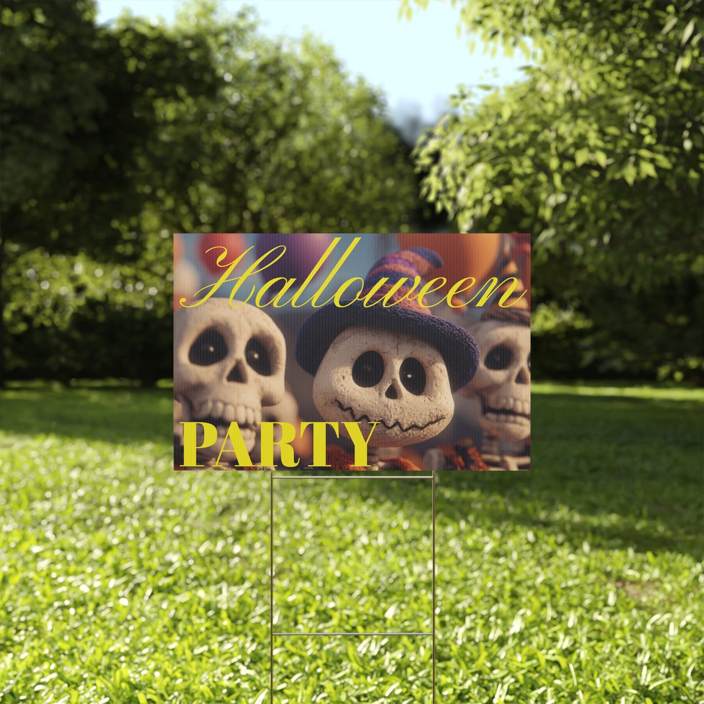 Halloween-themed party sign with cartoon characters on a grassy lawn
