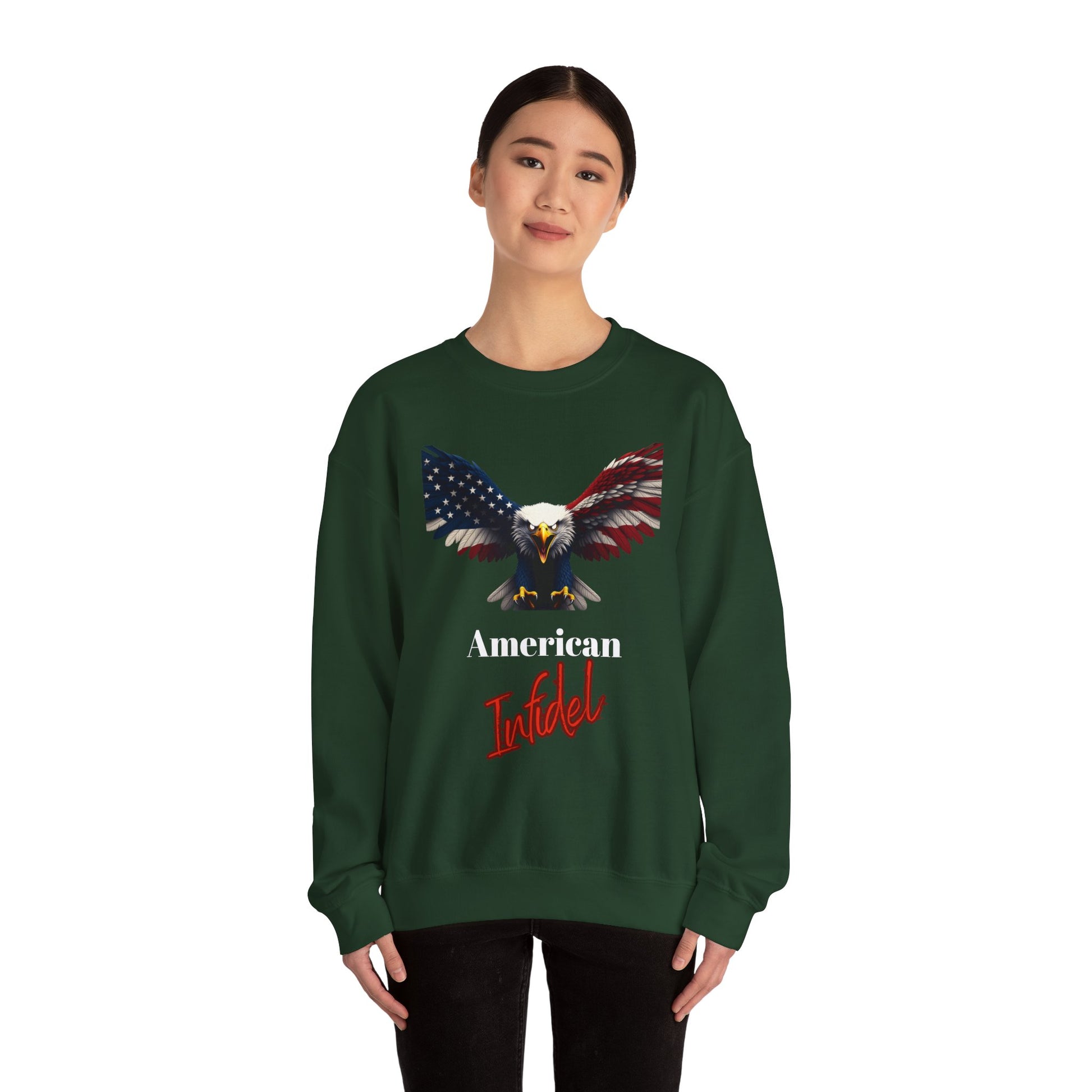 American Infidel Patriotic Eagle text on a Crewneck Sweatshirt