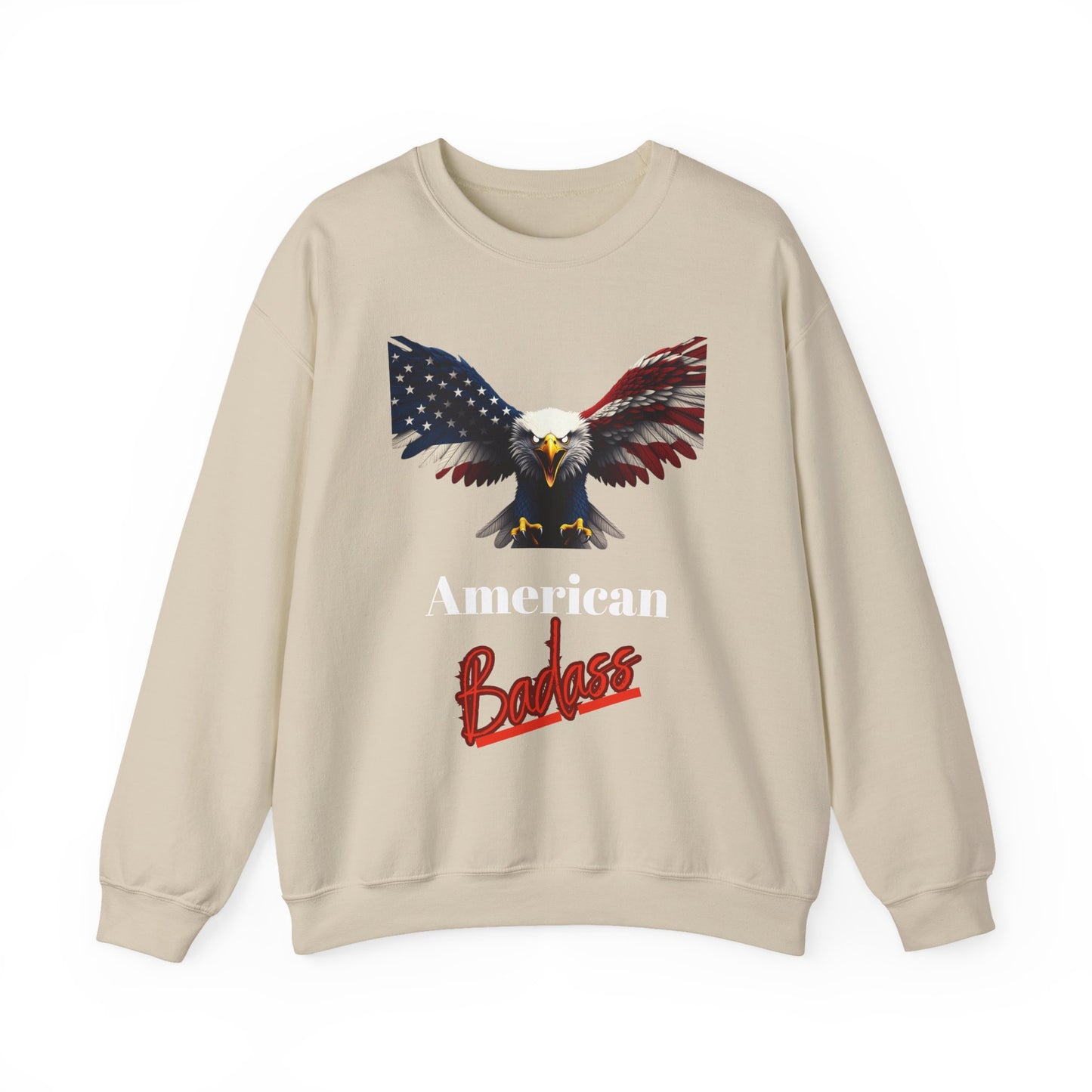 American Badass Patriotic Eagle text on a Crewneck Sweatshirt