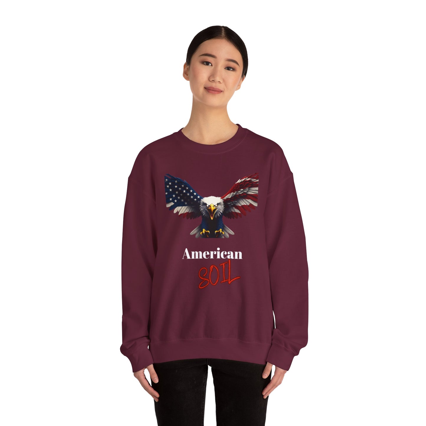 American Soil Patriotic Eagle text on a Crewneck Sweatshirt
