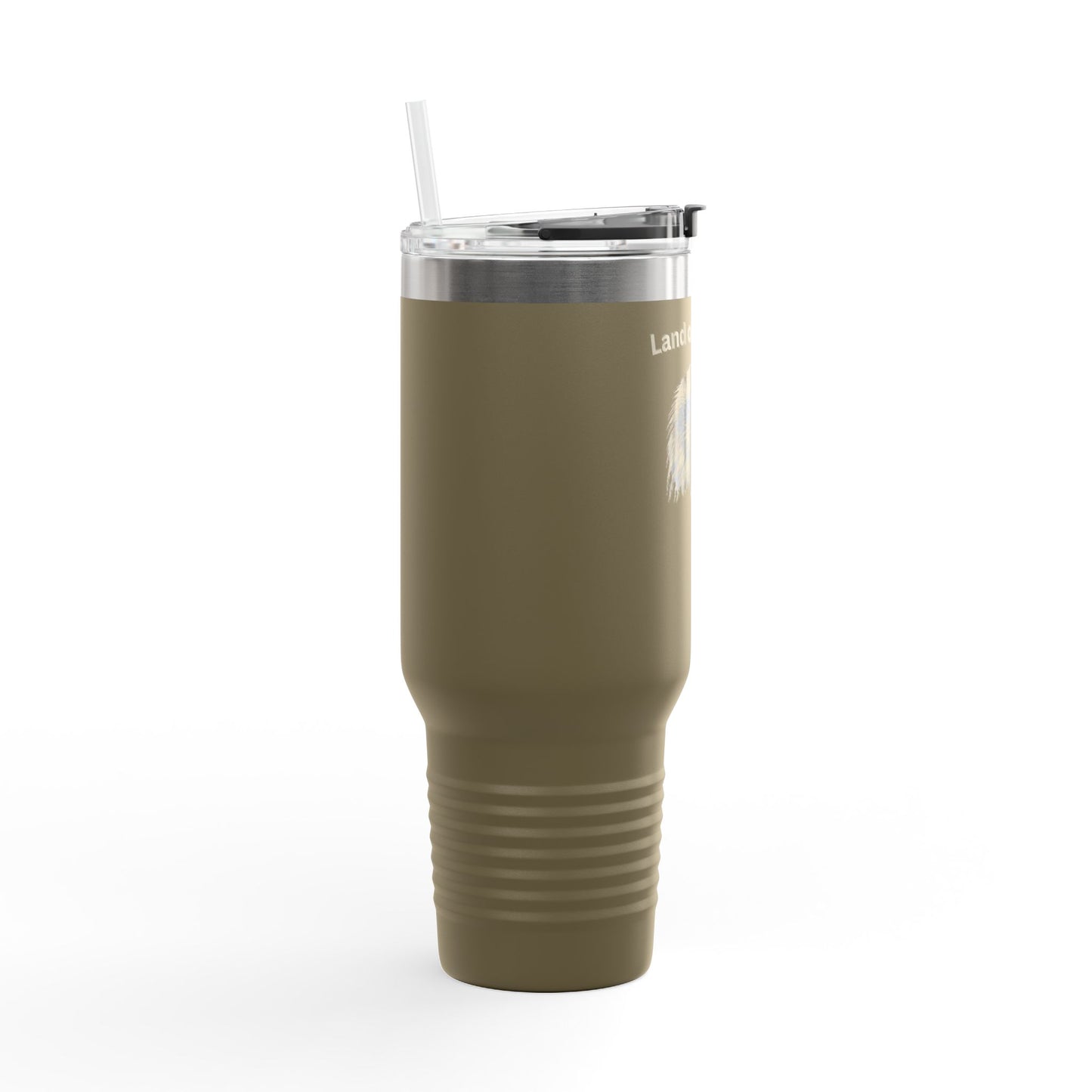 Land of the Free text on the top of a  40oz Insulated Travel Mug
