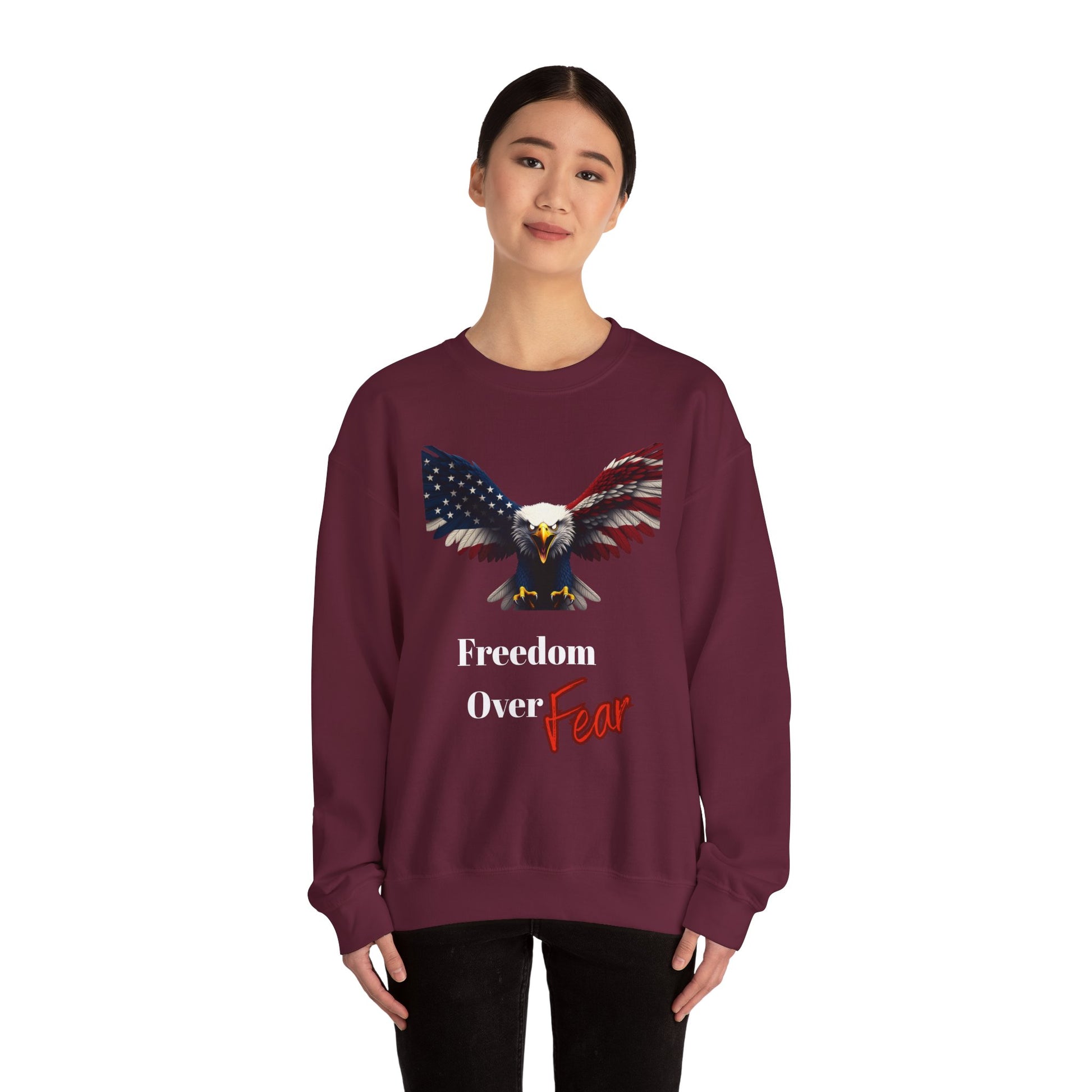 Freedom Over Fear Patriotic Eagle text on a Crewneck Sweatshirt