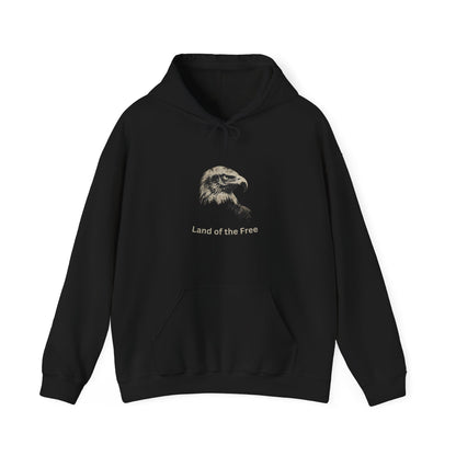 Land of the Free text beneath an eagle head on a Pullover Hoodie