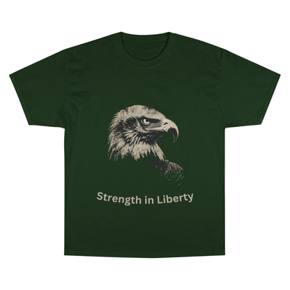 Strength in Liberty text below an eagle head on a Champion Tee