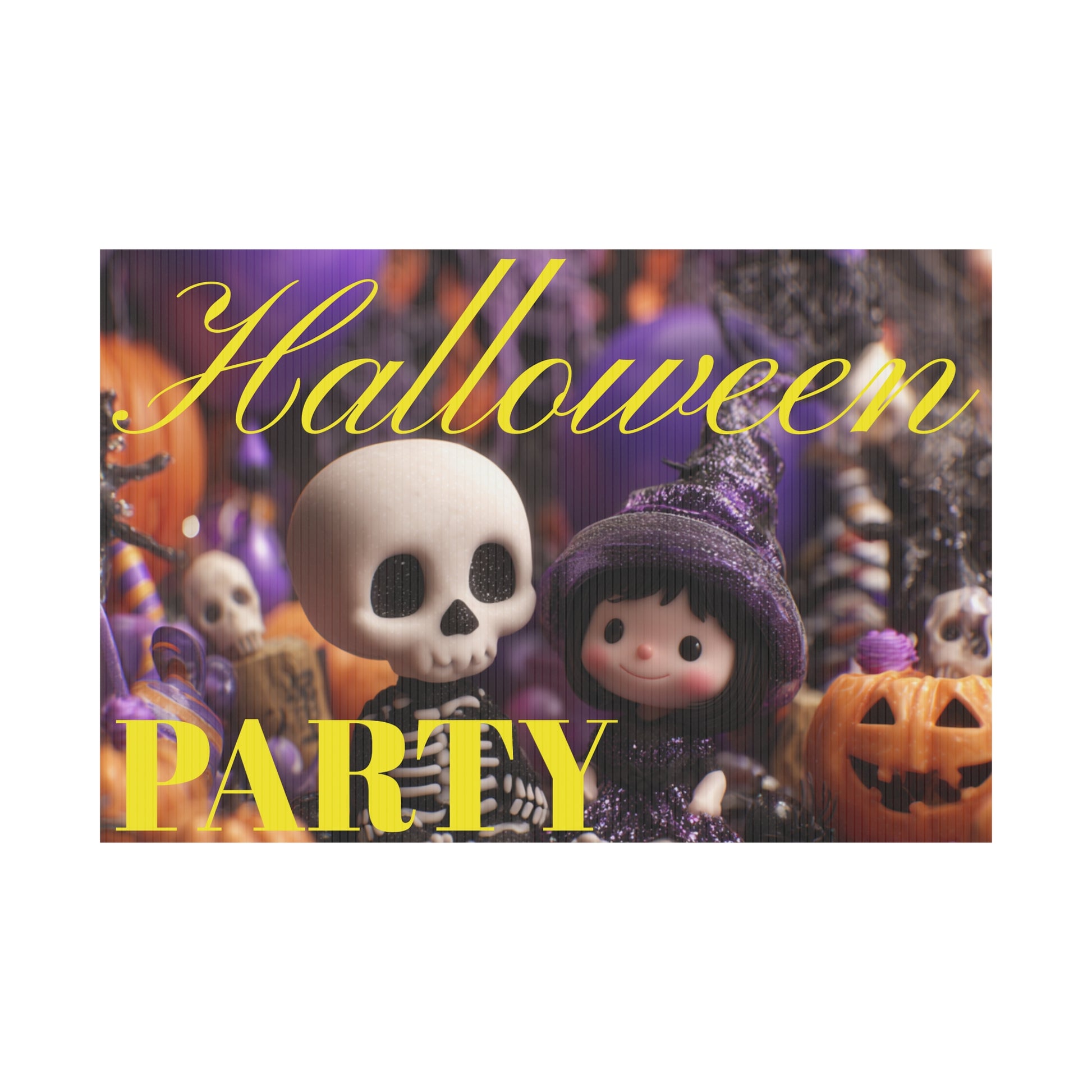 Halloween-themed party sign with cartoon characters on a grassy lawn