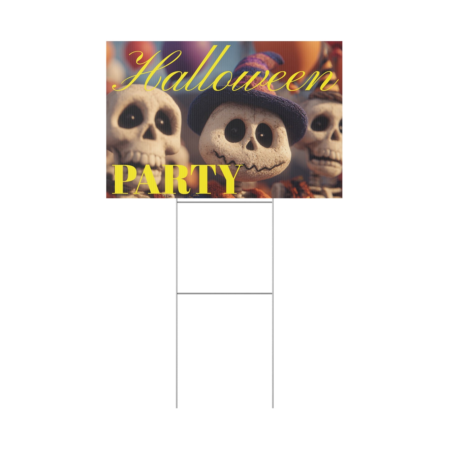 Halloween-themed party sign with cartoon characters on a grassy lawn