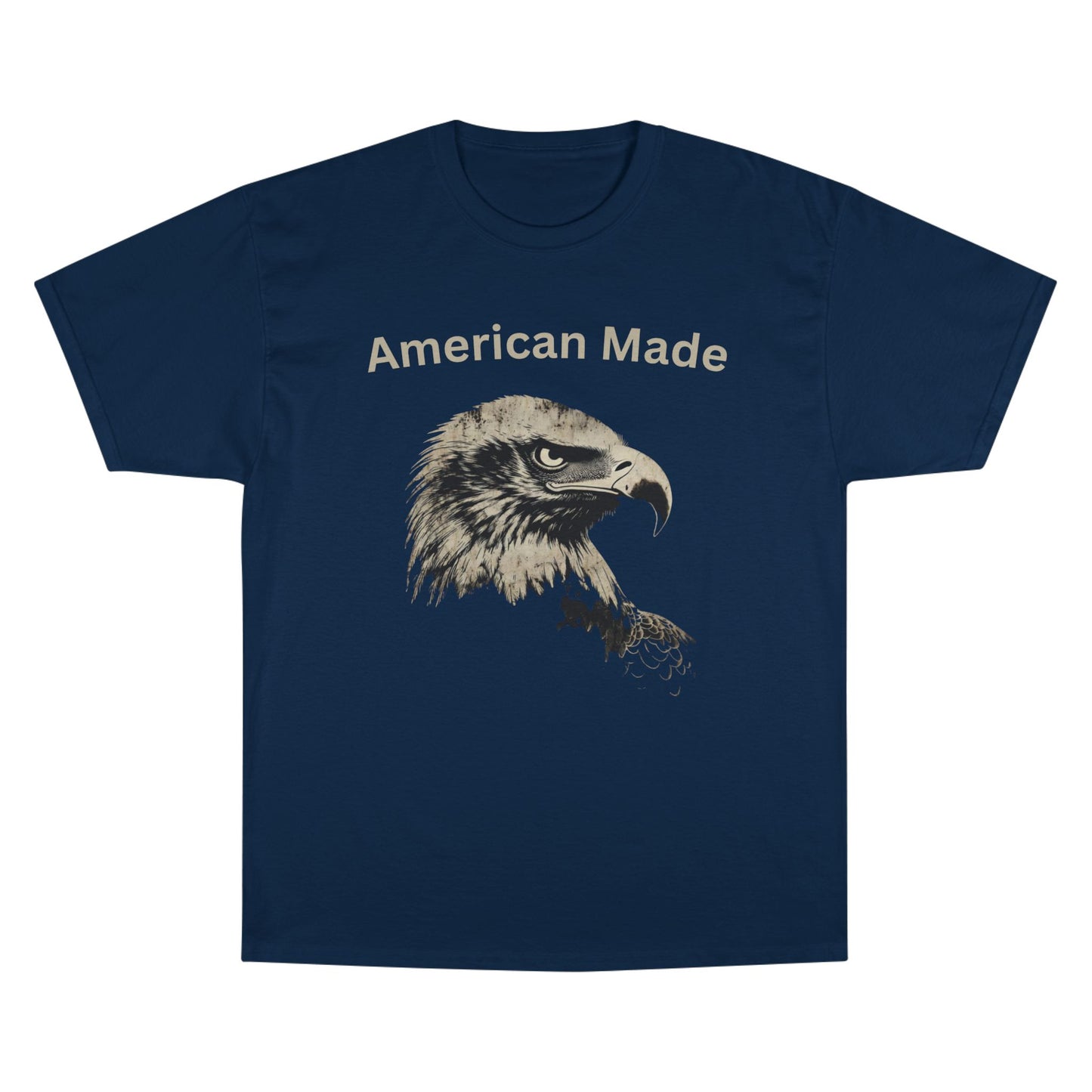 American Made text above an eagle head on a Champion Tee