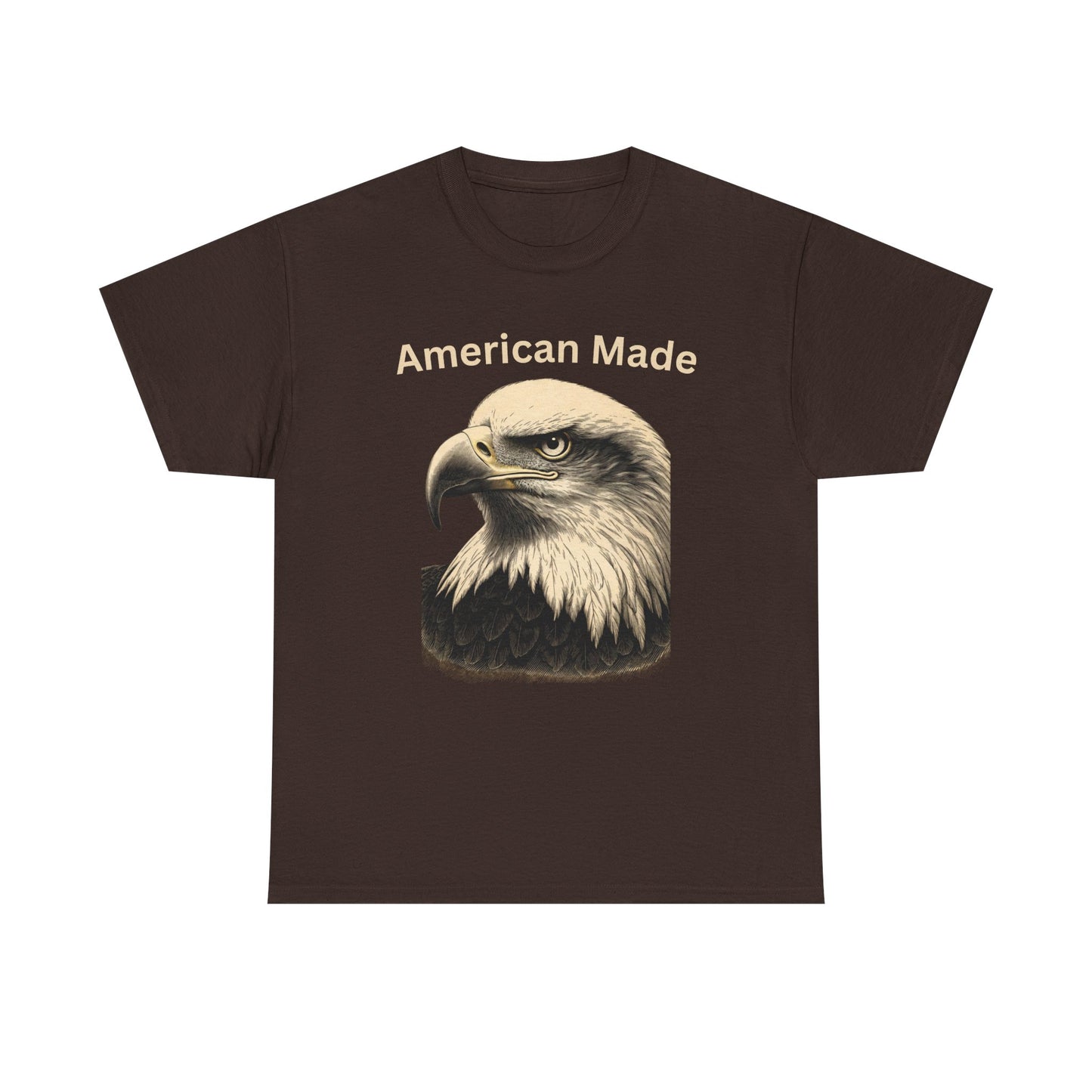 Engraved Eagle - American Made - text on the top of a Heavyweight T-shirt