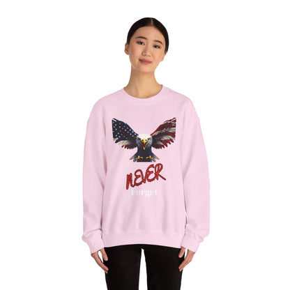 Never Forget Patriotic Eagle text on a Crewneck Sweatshirt