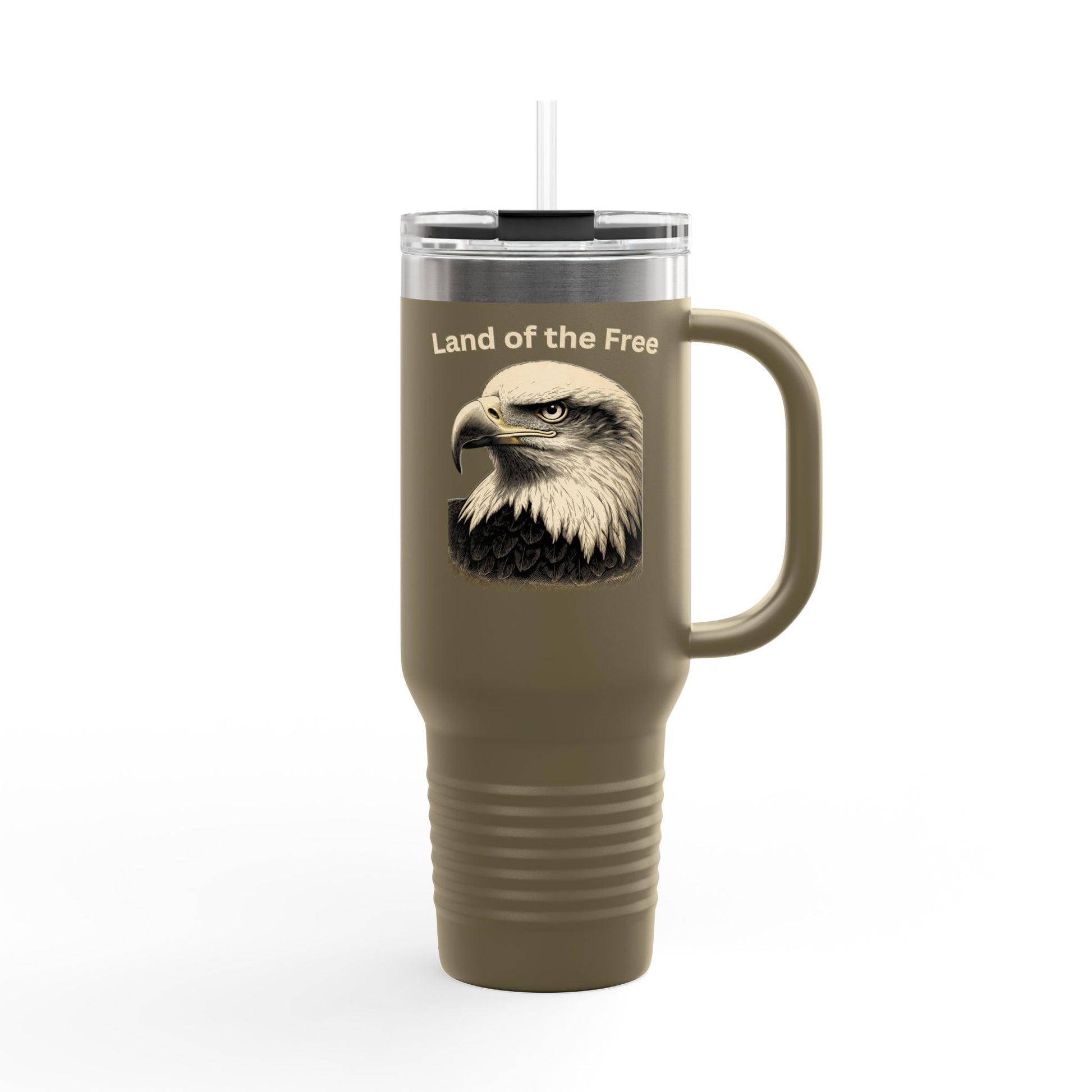 Land of the Free text on the top of a  40oz Insulated Travel Mug