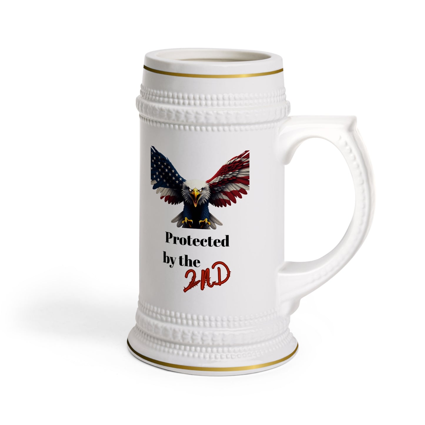 Protected By The 2nd Patriotic Eagle on a 22oz Ceramic Beer Stein