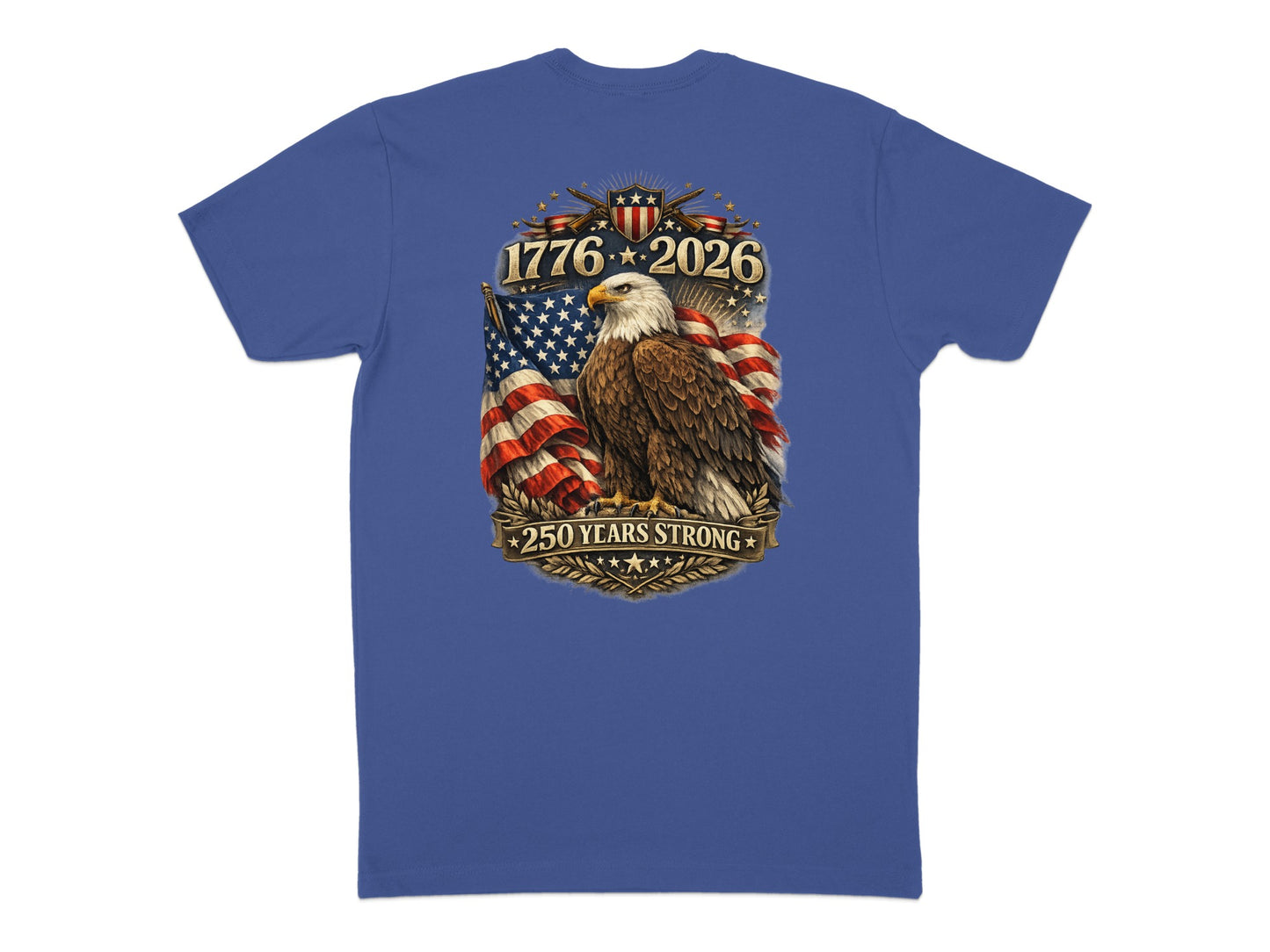 Eagle with American flag, dates 1776-2026, and text "250 YEARS STRONG".