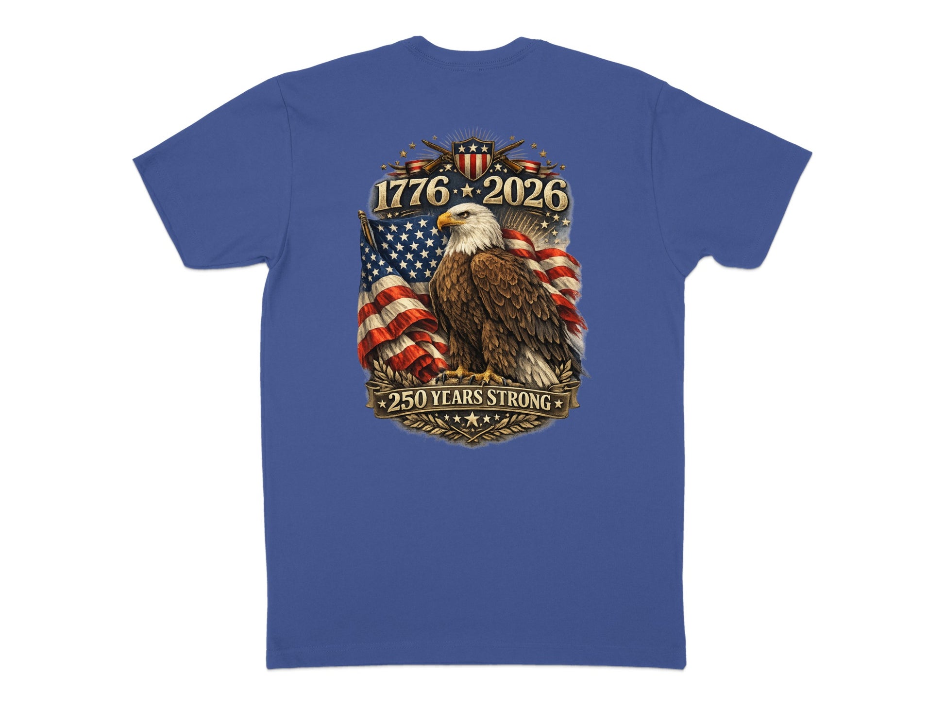 Eagle with American flag, dates 1776-2026, and text "250 YEARS STRONG".