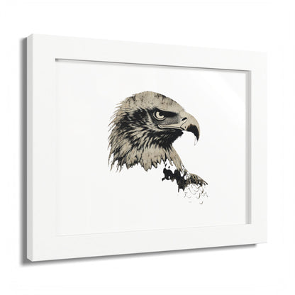 Framed artwork of a detailed eagle's head in profile.