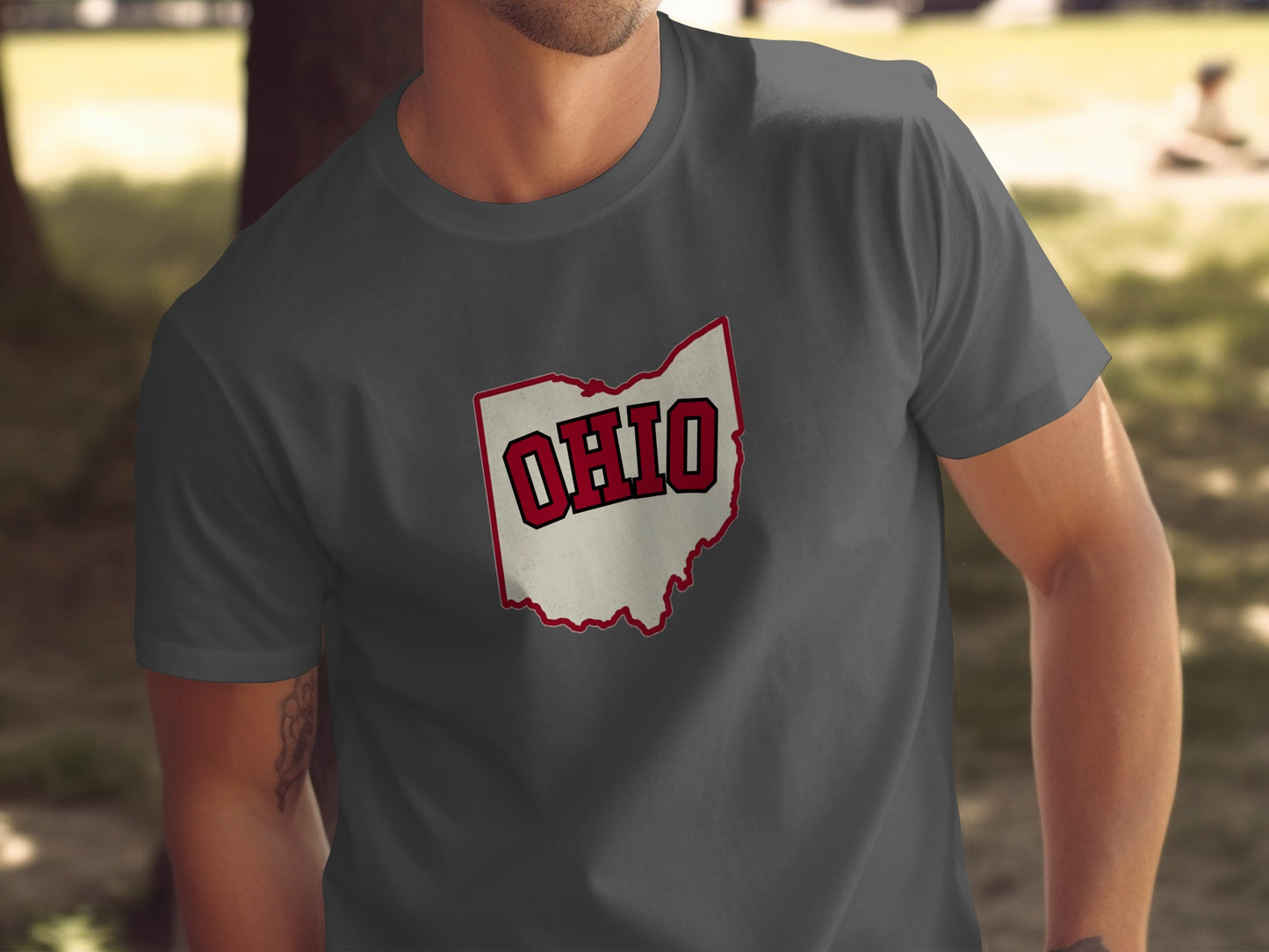 Dark gray t-shirt with red and white "Ohio" text inside a white outline of Ohio.