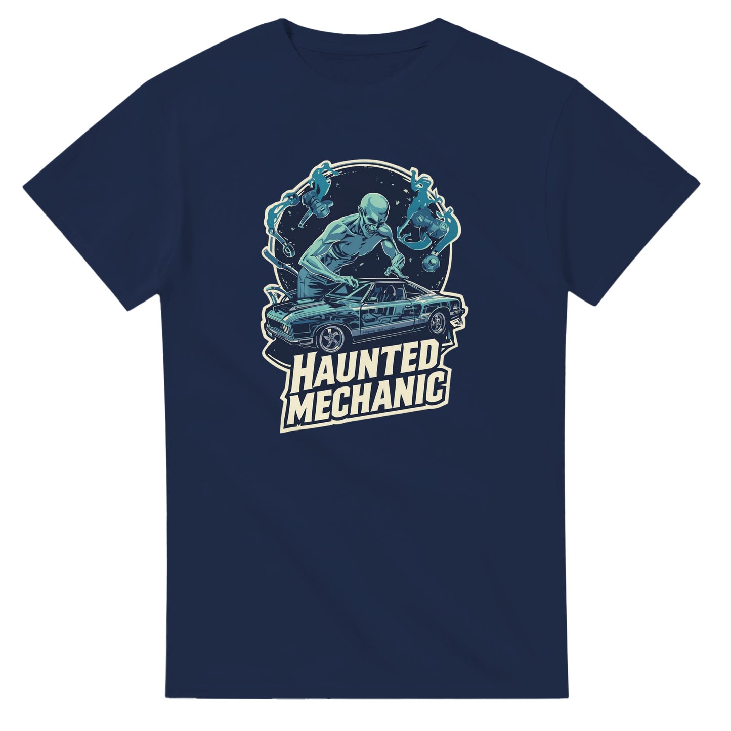 Haunted Mechanic graphic design on a Heavyweight T-shirt