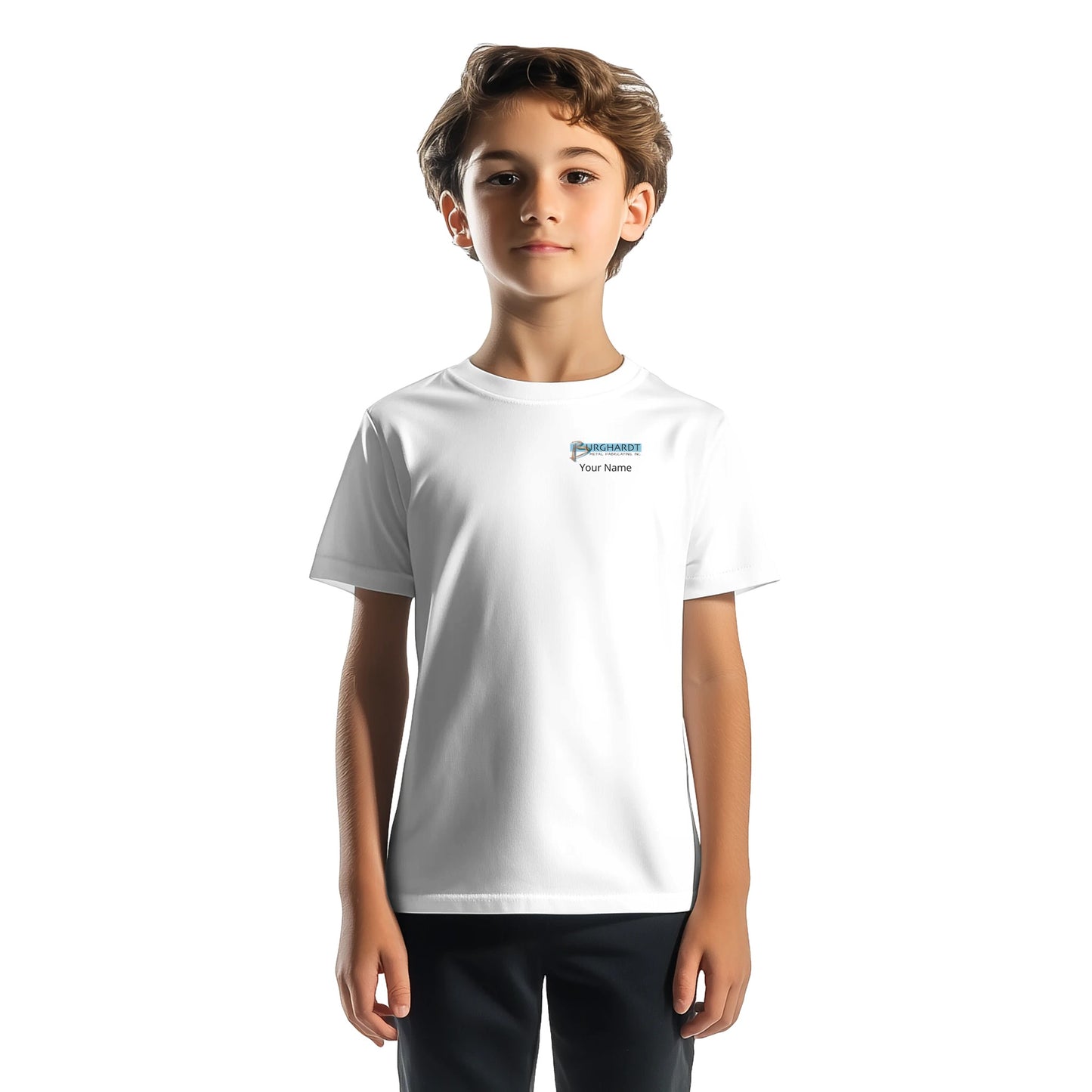 Burghardt Metal Fabricating, Inc., logo on a Performance Kids T-shirt