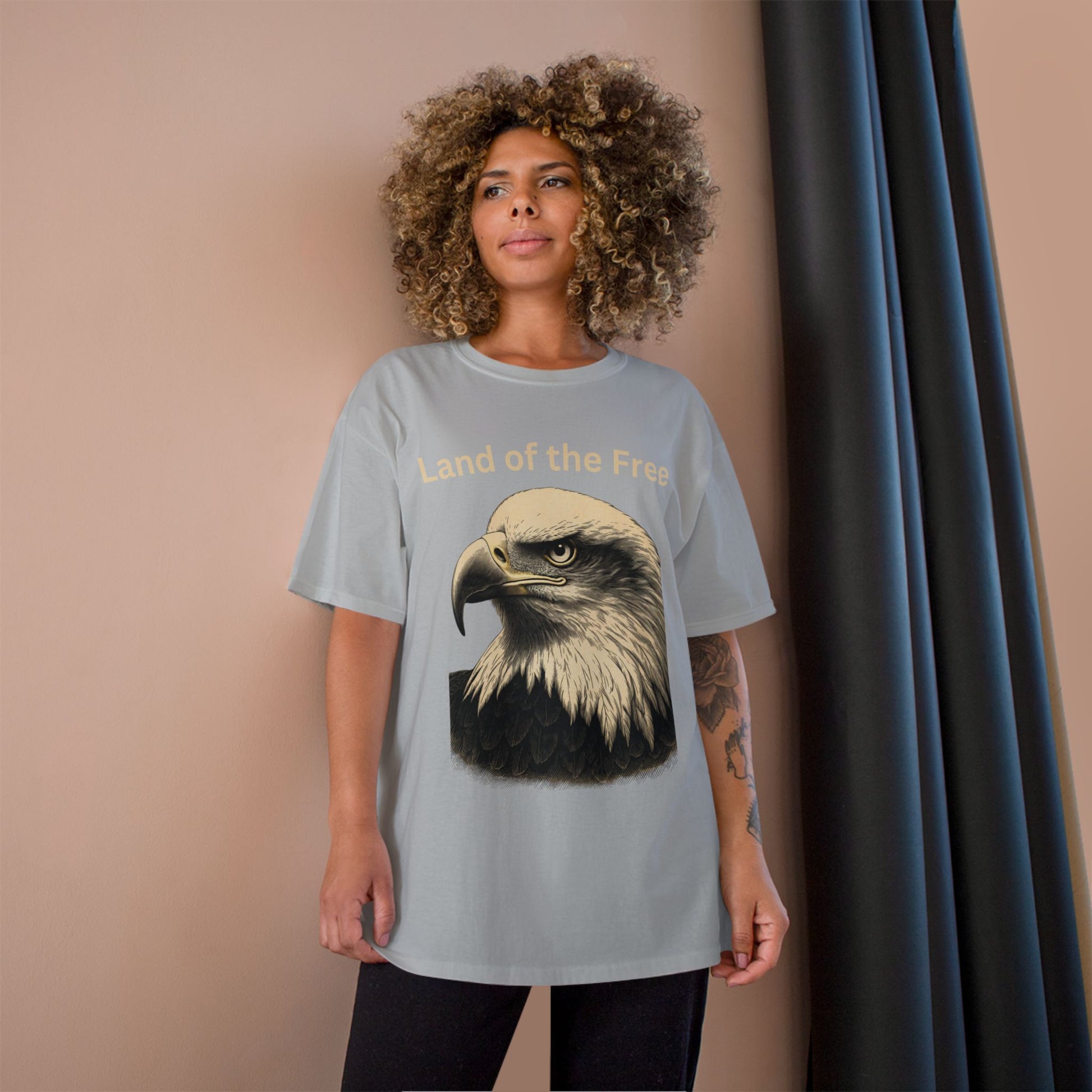 Engraved Eagle - Land of the Free - text on the top of a Champion Tee
