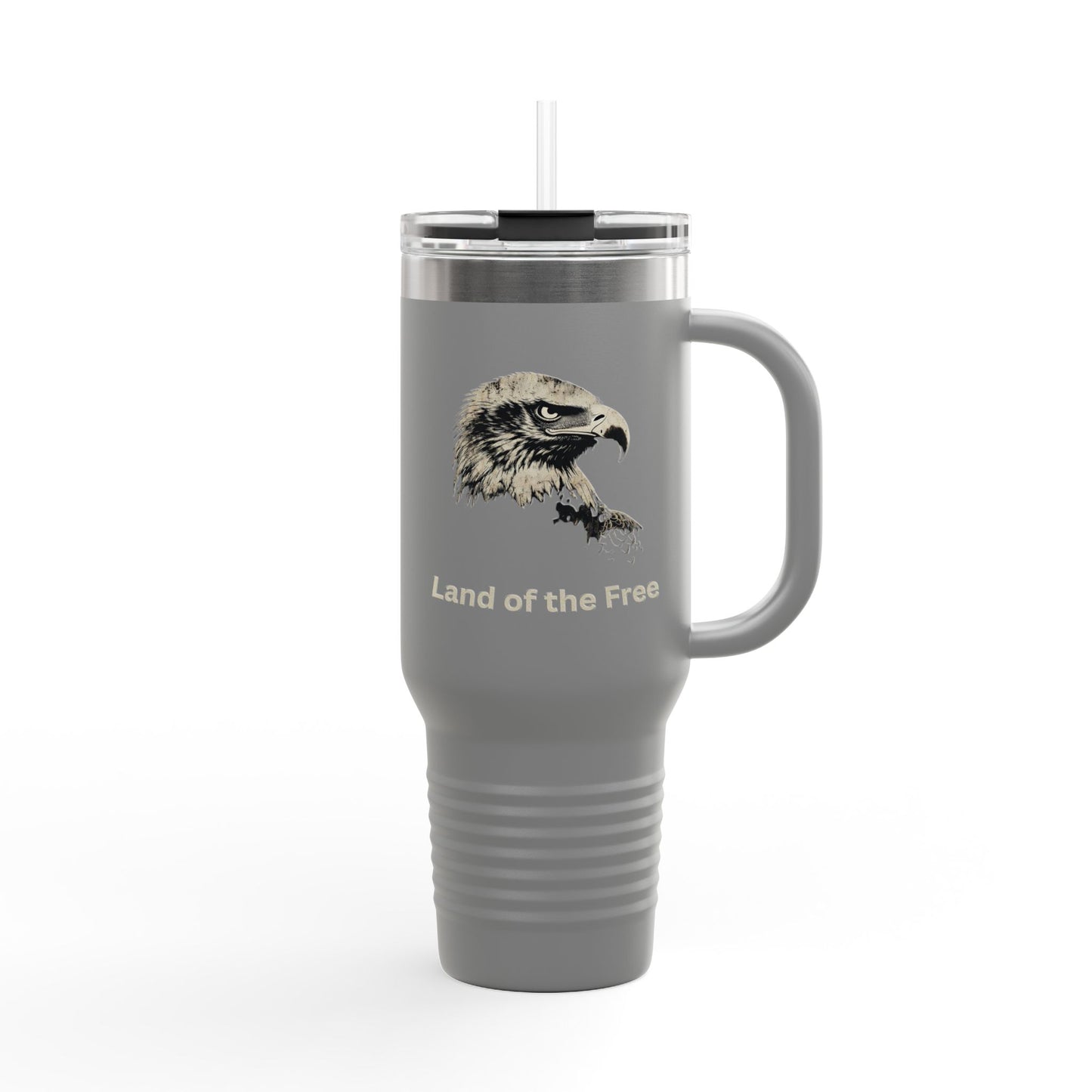 Land of the Free text on the bottom of a  40oz Insulated Travel Mug
