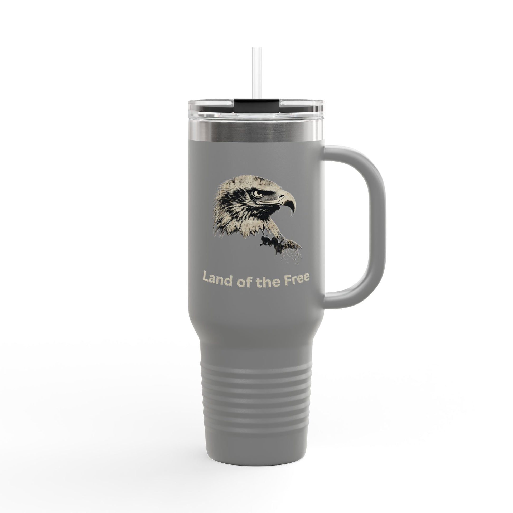 Land of the Free text on the bottom of a  40oz Insulated Travel Mug