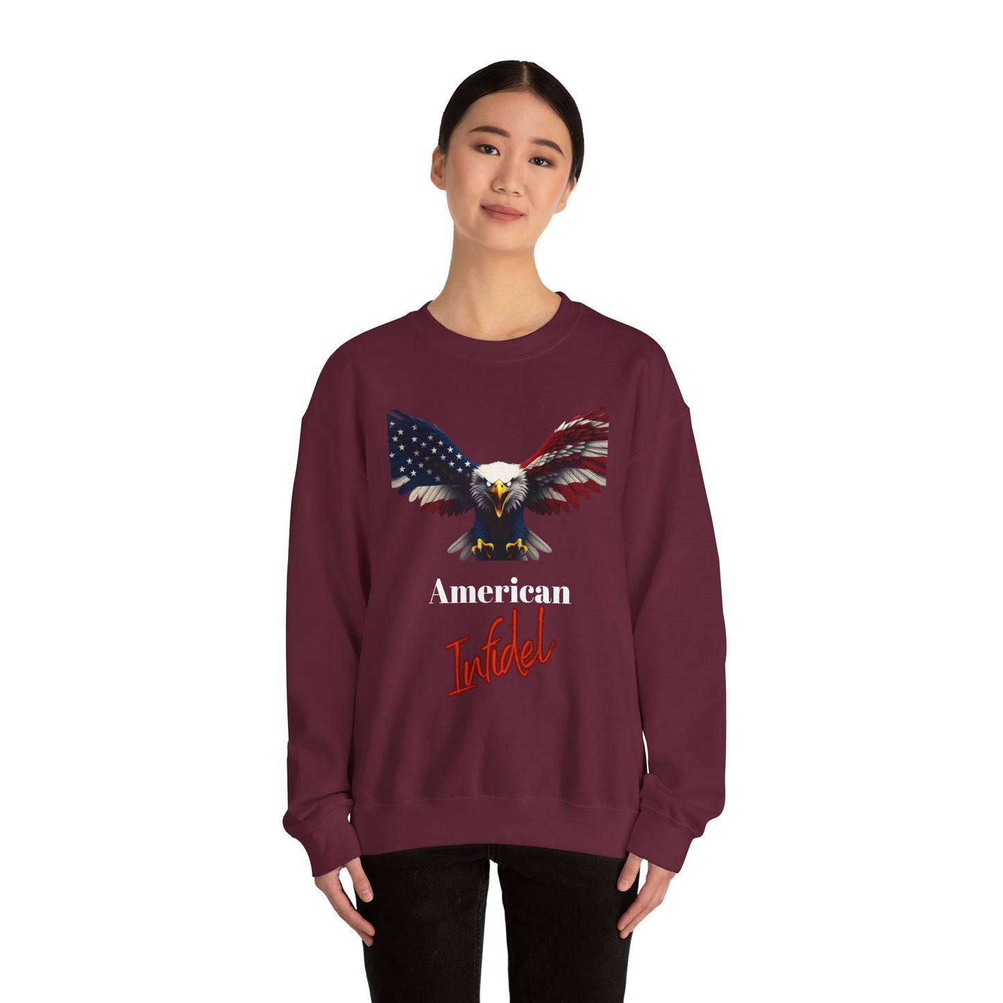 American Infidel Patriotic Eagle text on a Crewneck Sweatshirt