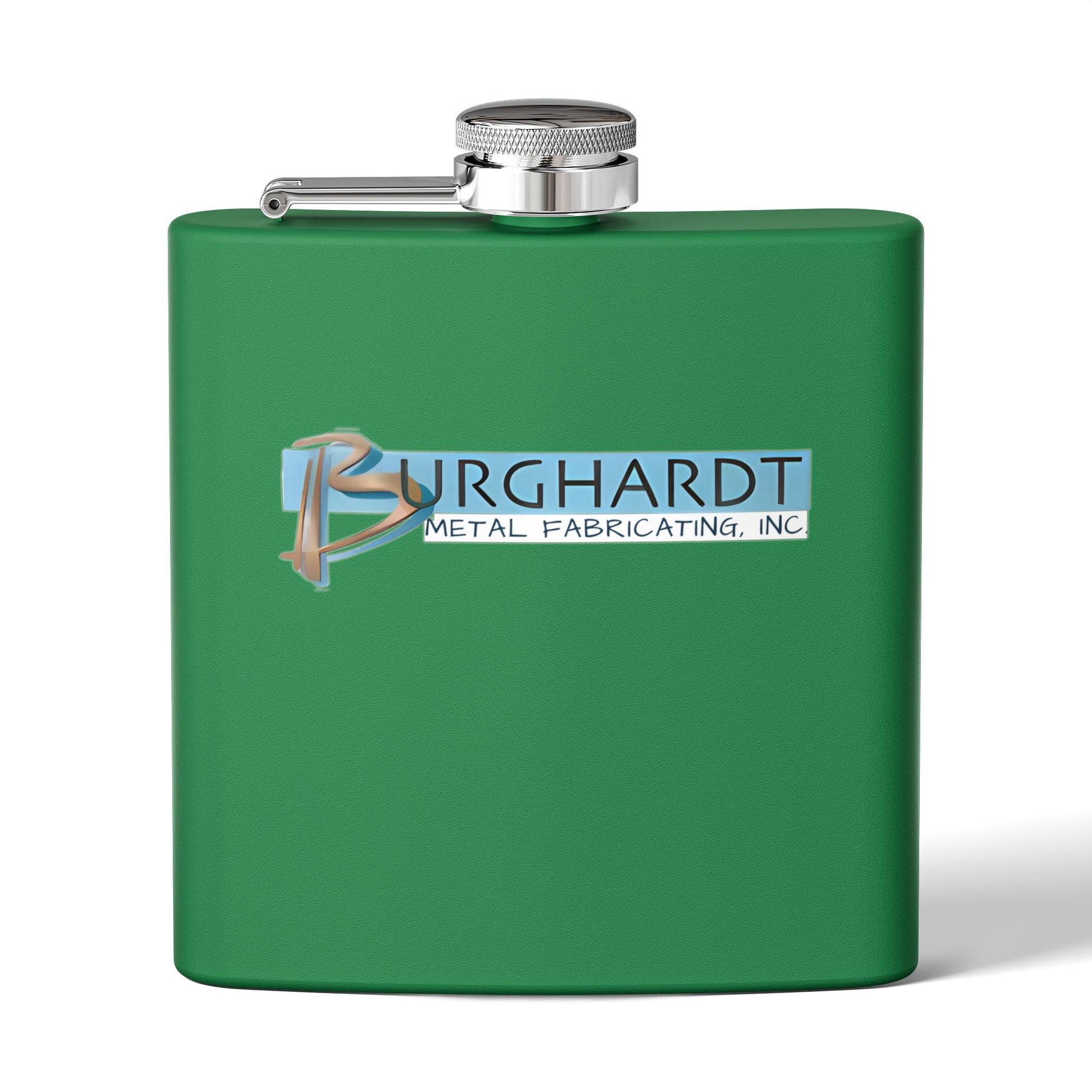 Burghardt Metal Fabricating, Inc., logo on a 6oz Stainless Steel Flask