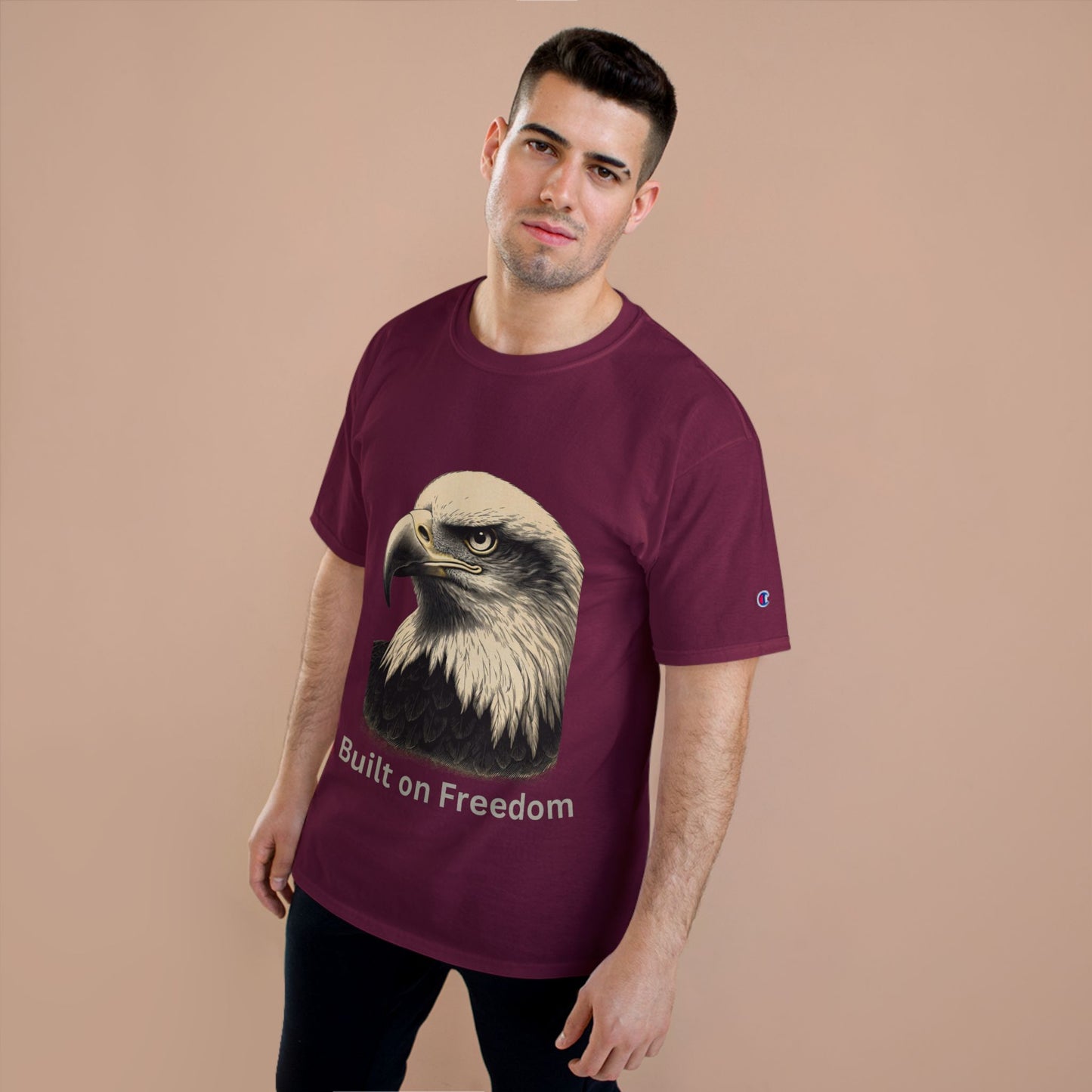 Engraved Eagle - Built of Freedom - text on the bottom of a Champion Tee