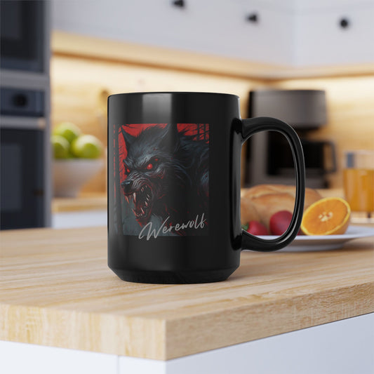 Black mug with a werewolf design on a kitchen counter