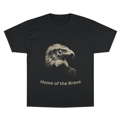 Home of the Brave text below an eagle head on a Champion Tee