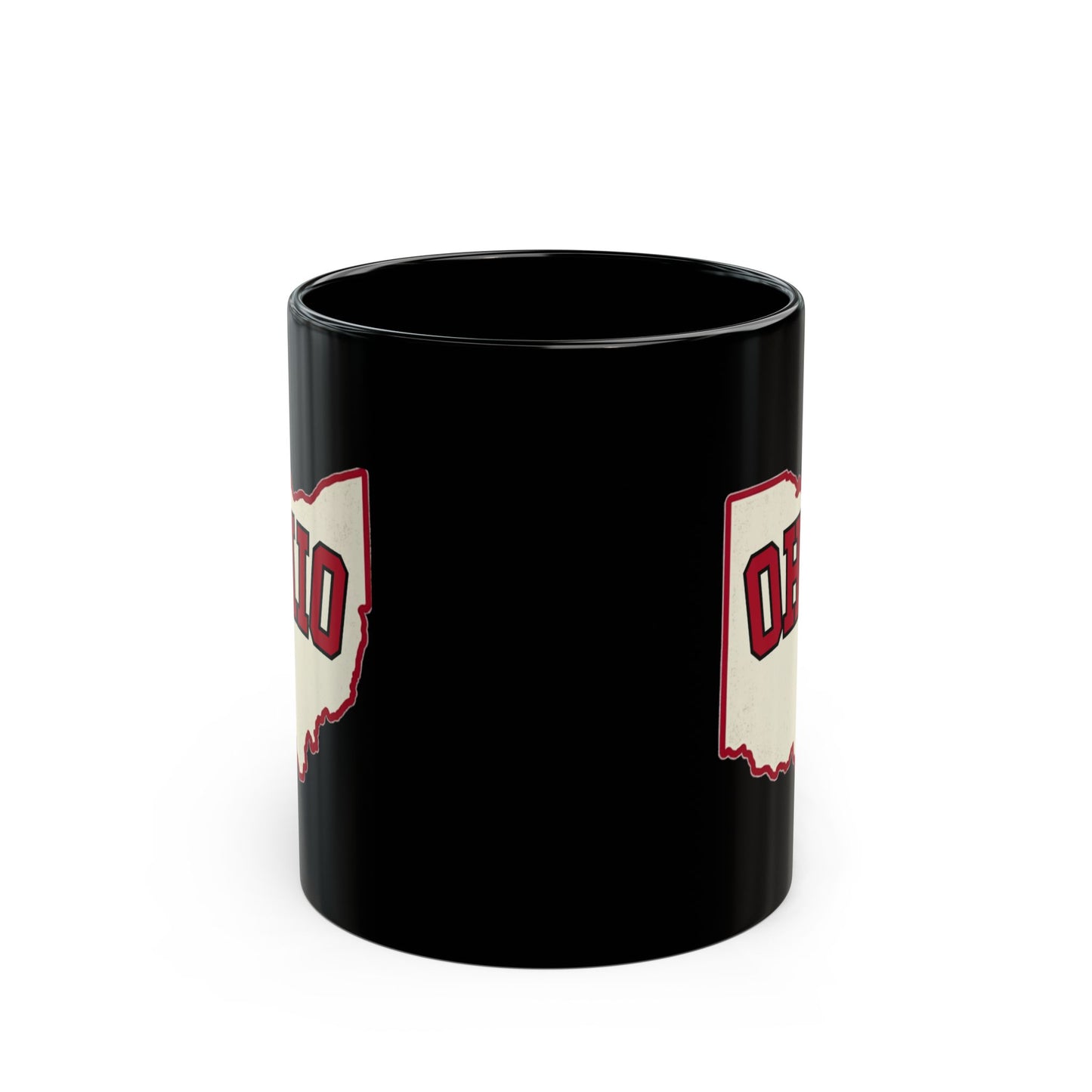 Black mug with a cream outline of Ohio filled with red text reading "OHIO".