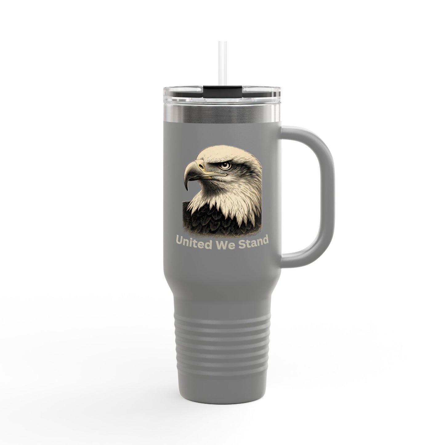 United We Stand text on the bottom of a  40oz Insulated Travel Mug