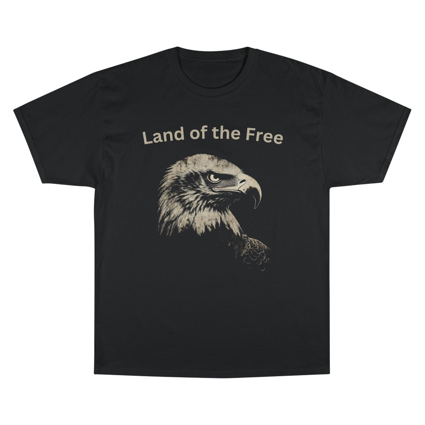 Land of the Free text above an eagle head on a Champion Tee
