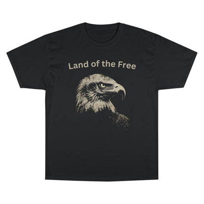 Land of the Free text above an eagle head on a Champion Tee