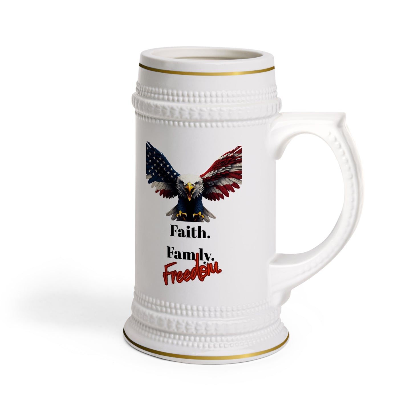 Faith. Family. Freedom Patriotic Eagle on a 22oz Ceramic Beer Stein