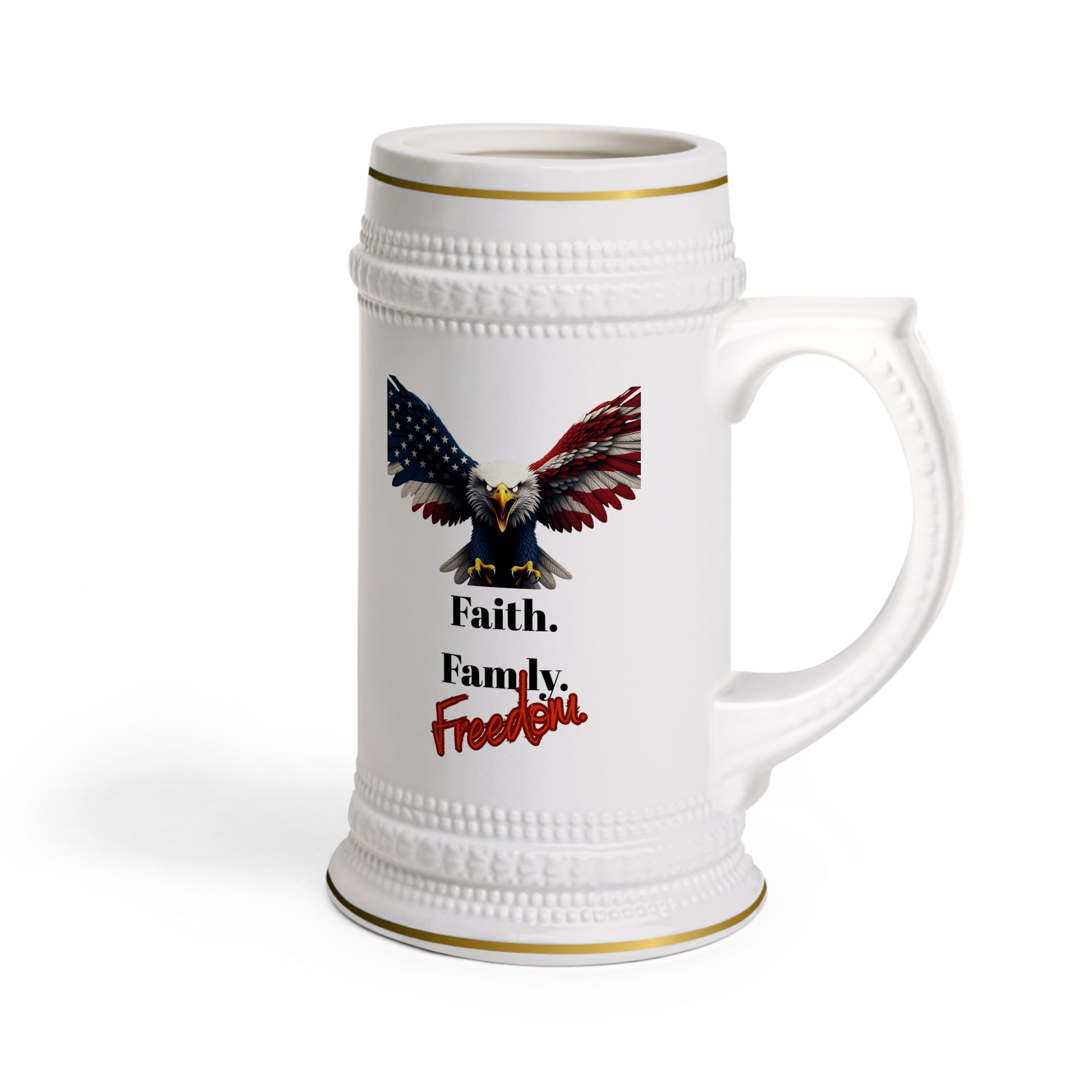 Faith. Family. Freedom Patriotic Eagle on a 22oz Ceramic Beer Stein