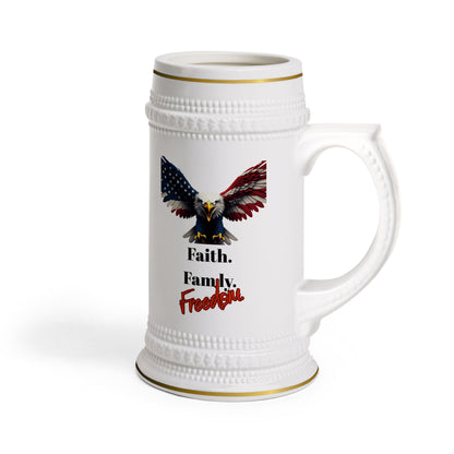 Faith. Family. Freedom Patriotic Eagle on a 22oz Ceramic Beer Stein