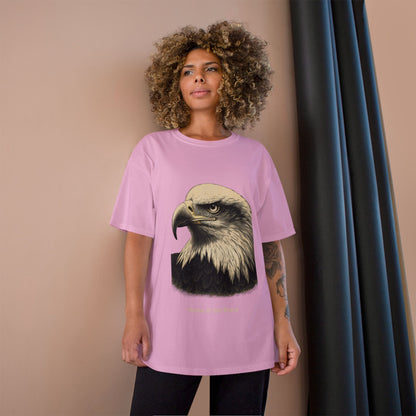 Engraved Eagle - Home of the Brave - text on the muted of a Champion Tee