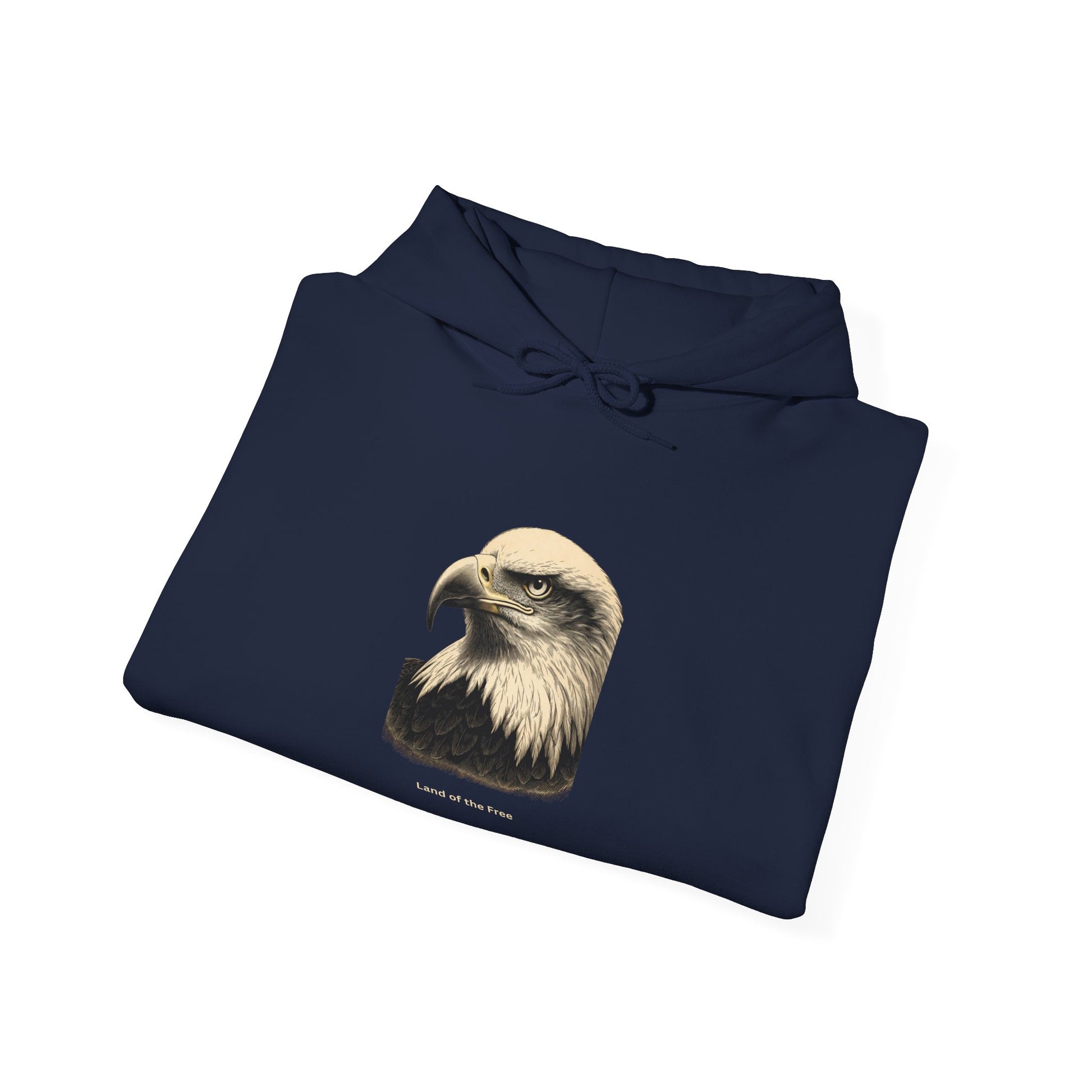 Land of the Free smaller text below an eagle head on a Pullover Hoodie