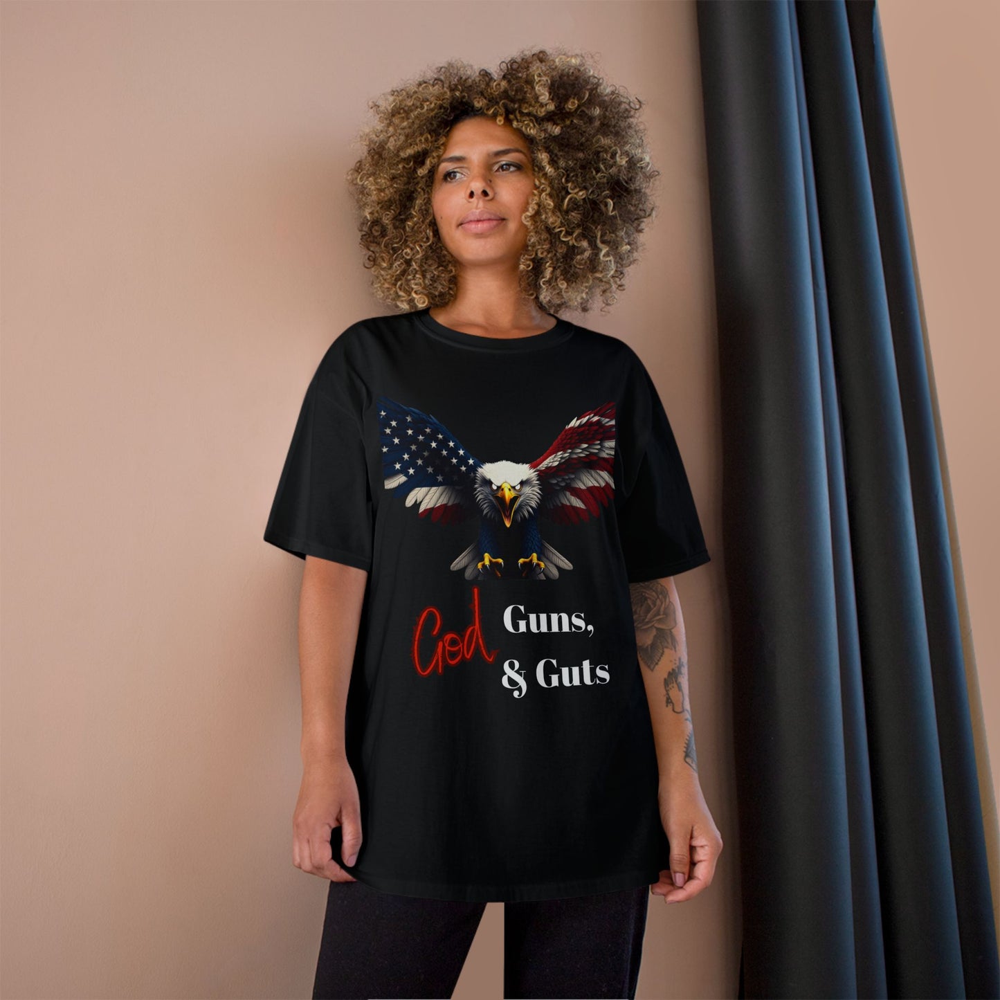 God Guns & Guts Patriotic Eagle on a Champion T-shirt