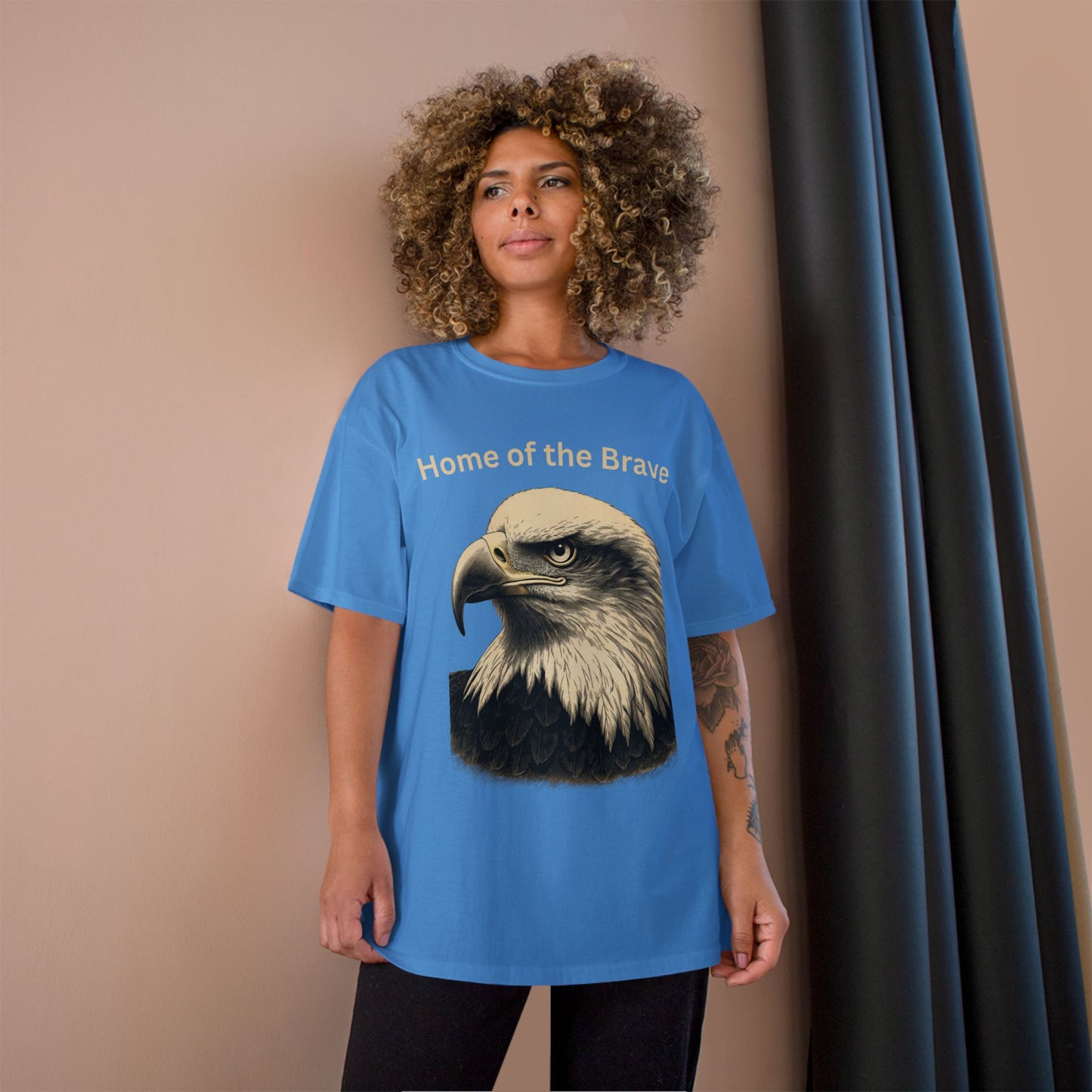 Engraved Eagle - Home of the Brave - text on the top of a Champion Tee