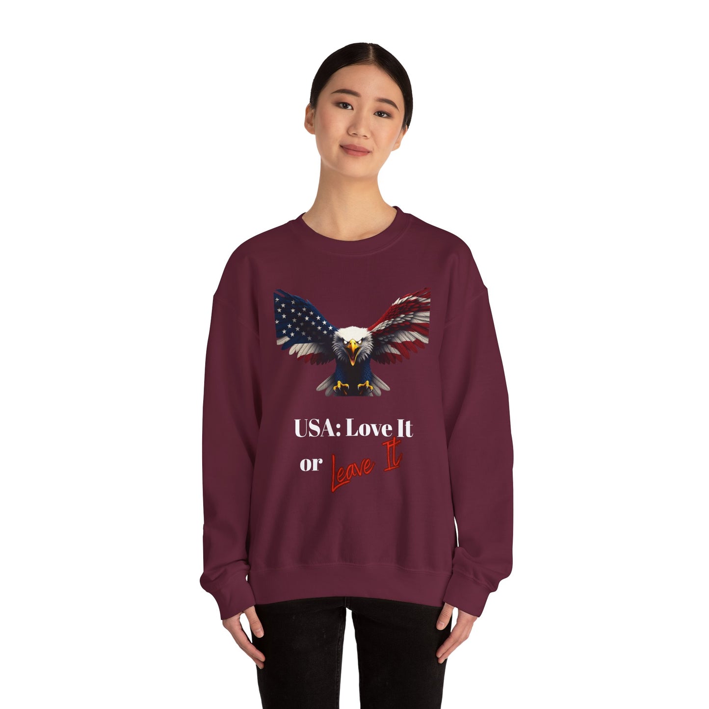 USA Love It Or Leave It Patriotic Eagle text on a Crewneck Sweatshirt