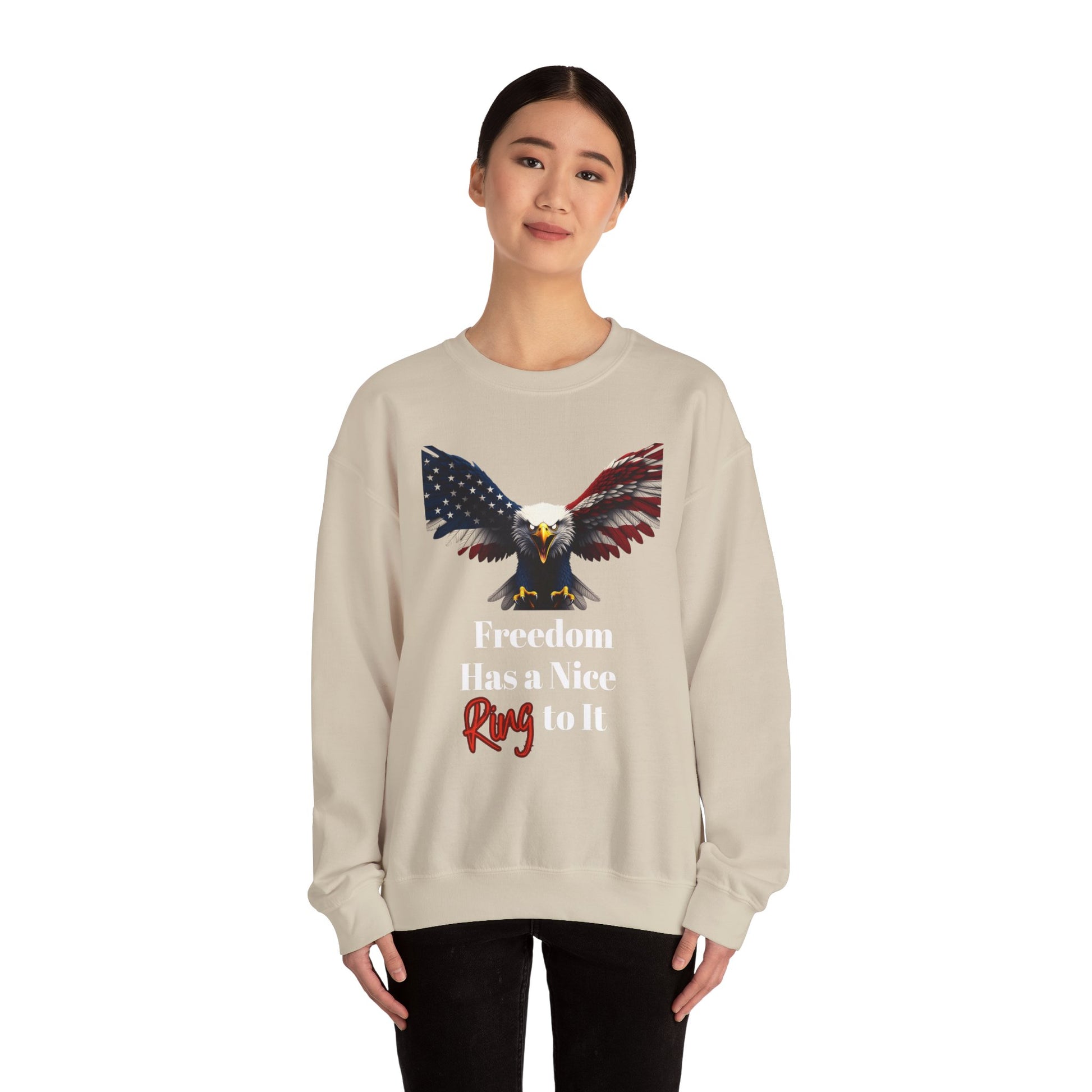 Freedom Has A Nice Ring To It Patriotic Eagle text on a Crewneck Sweatshirt