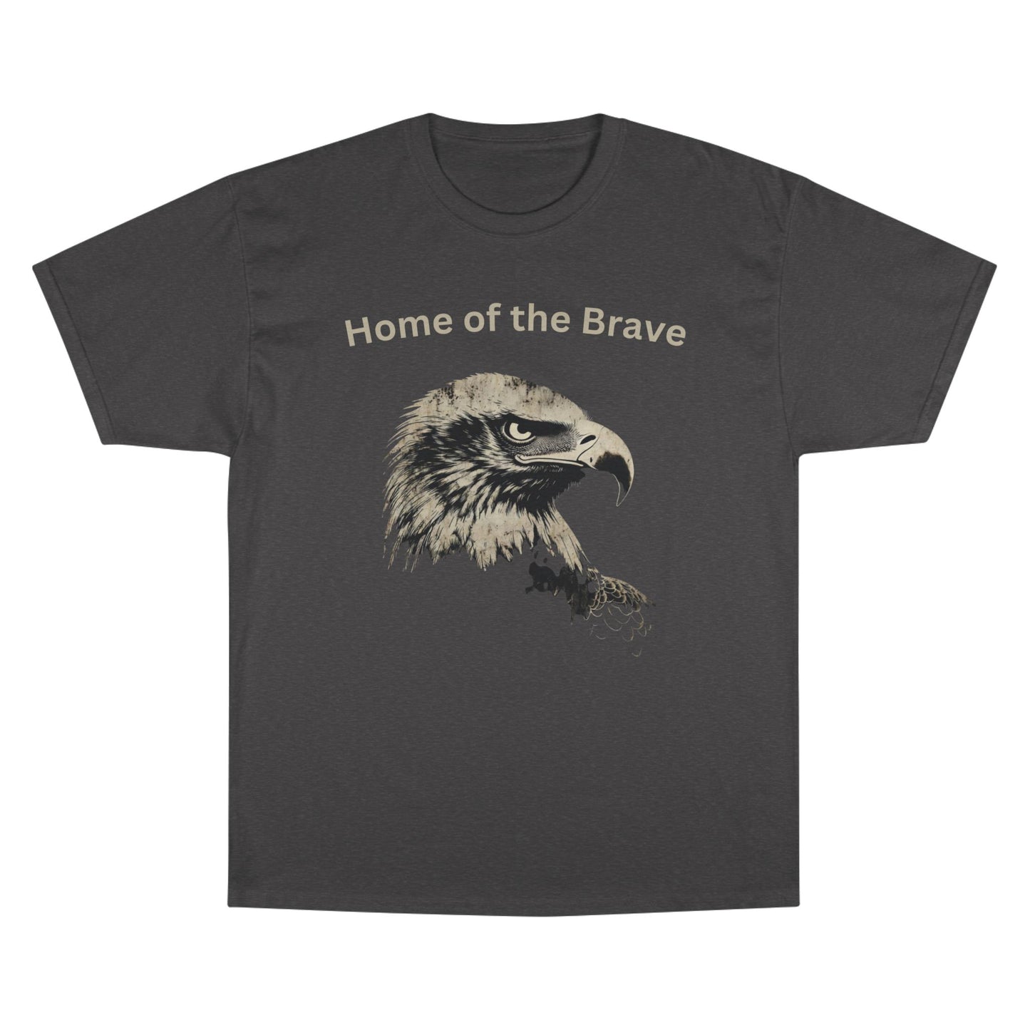 Home of the Brave text above an eagle head on a Champion Tee