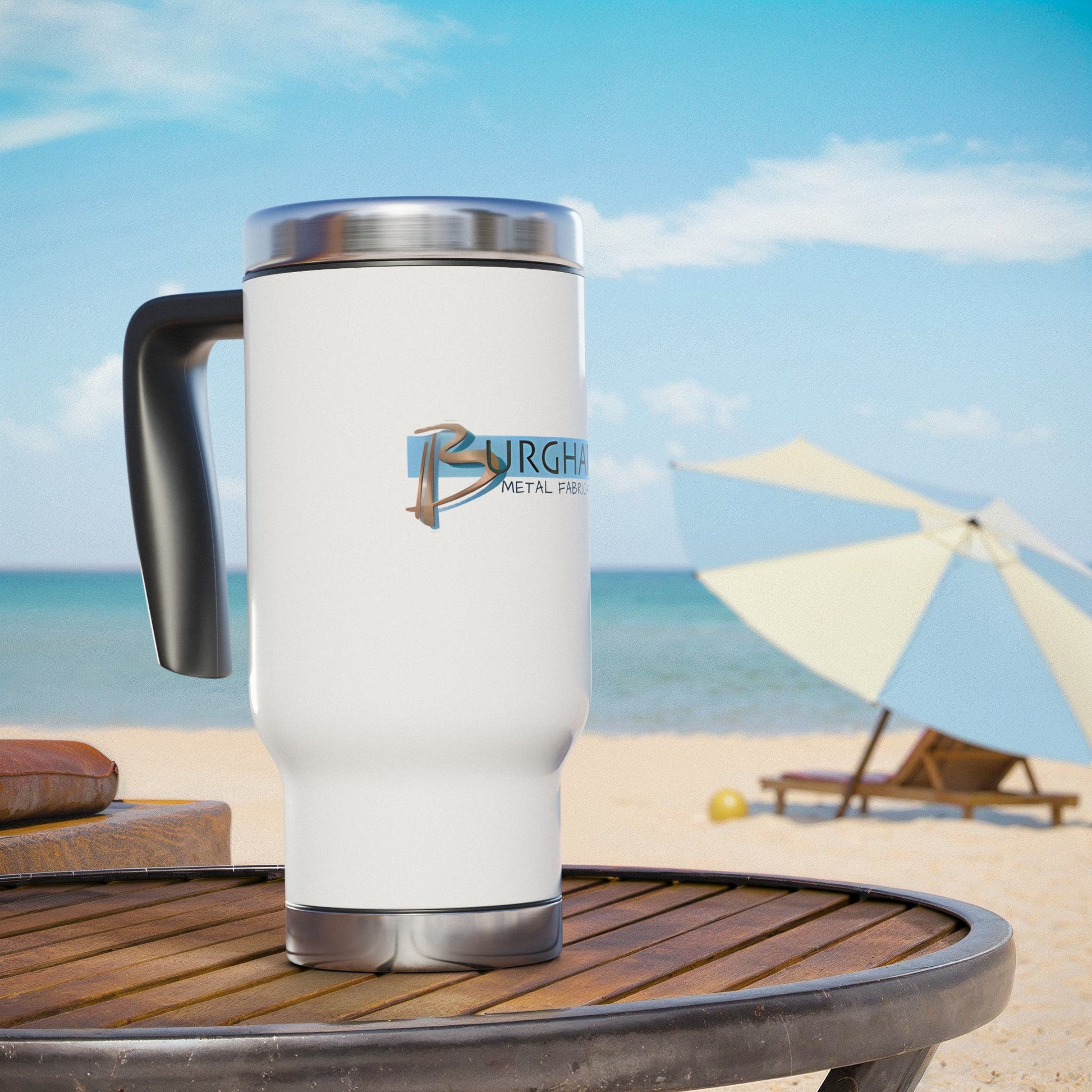 Burghardt Metal Fabricating, Inc., logo on a 14oz SS Travel Mug with Handle