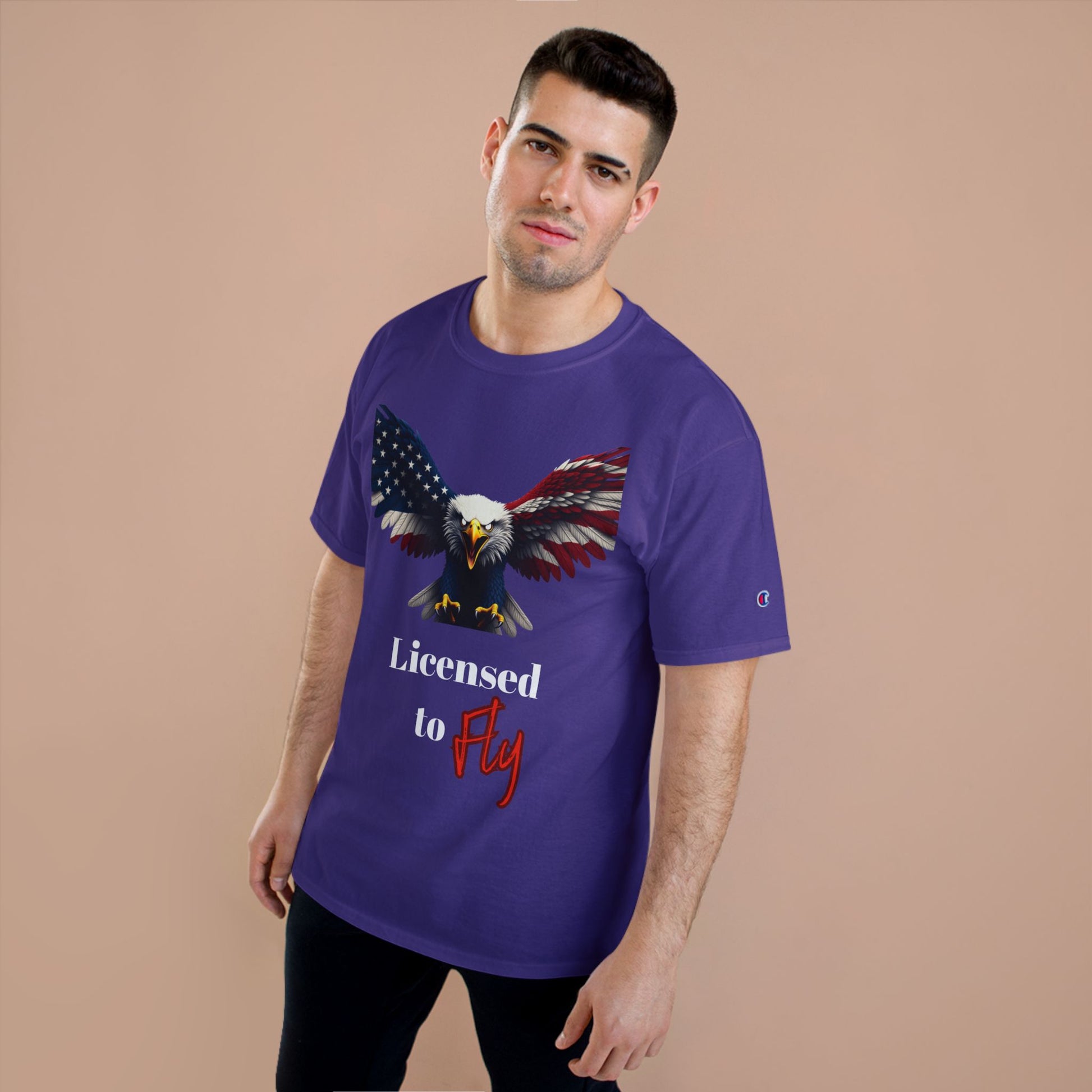 Licensed To Fly Patriotic Eagle on a Champion T-shirt