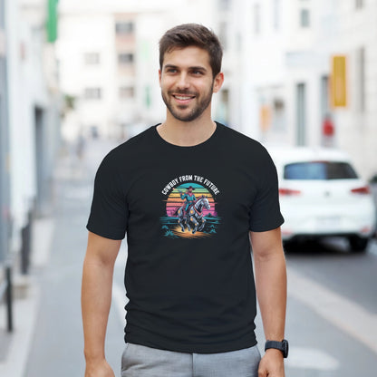 Retro-Futuristic Cowboy graphic design on a Heavyweight T-shirt